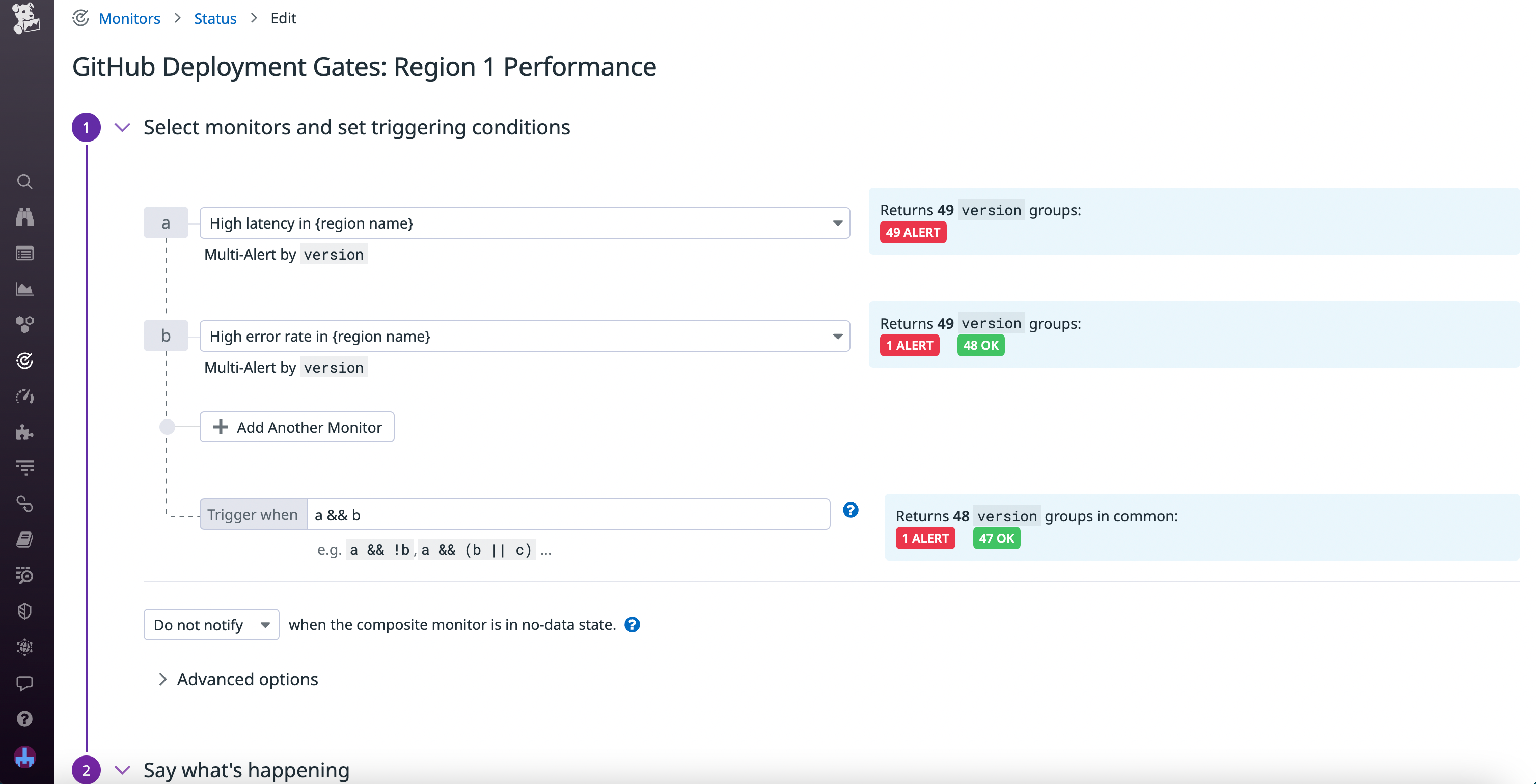 The creation page for a Datadog monitor designed to alert on GitHub Deployment Protection Rules performance checks.