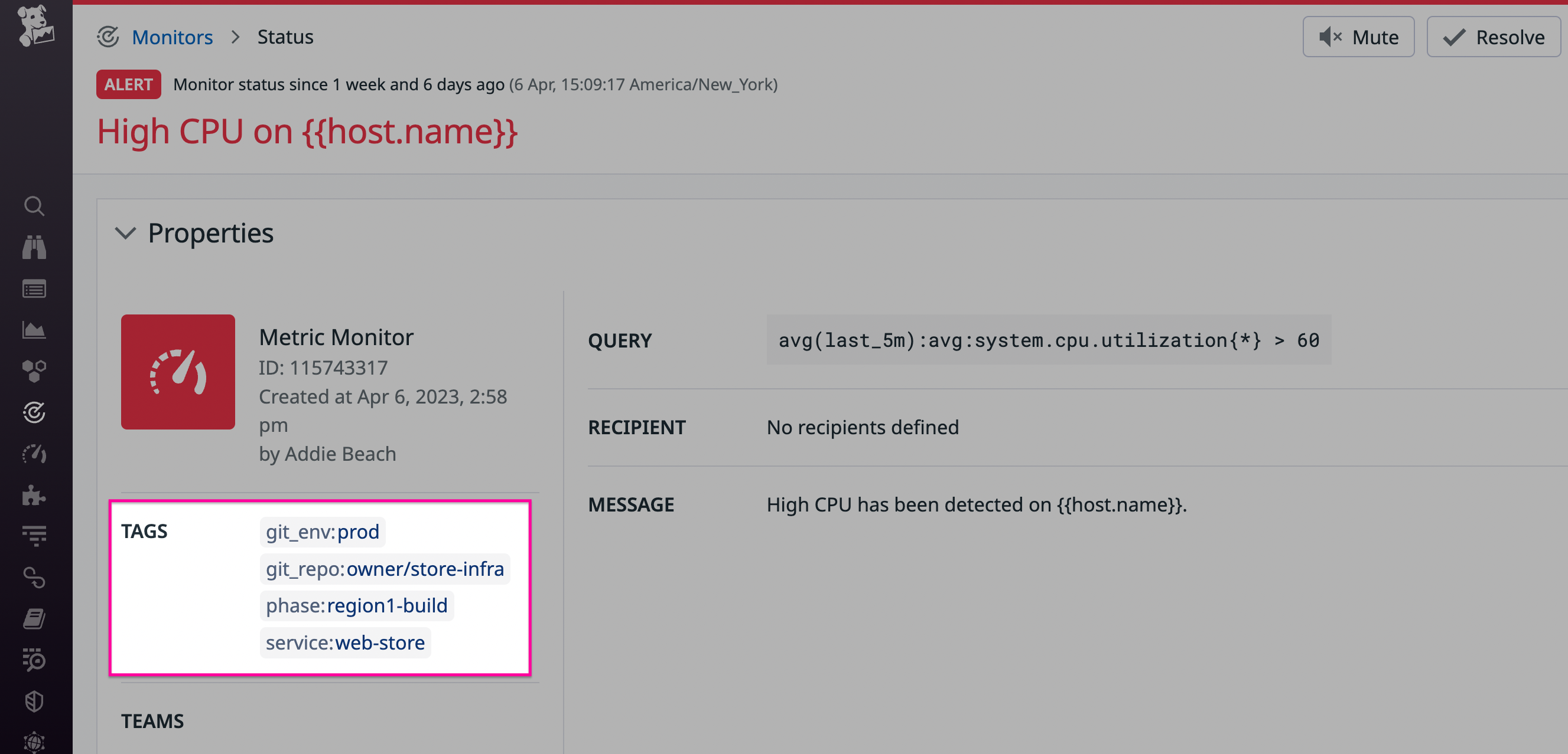 Tags on a monitor for GitHub Deployement Protection Rules.
