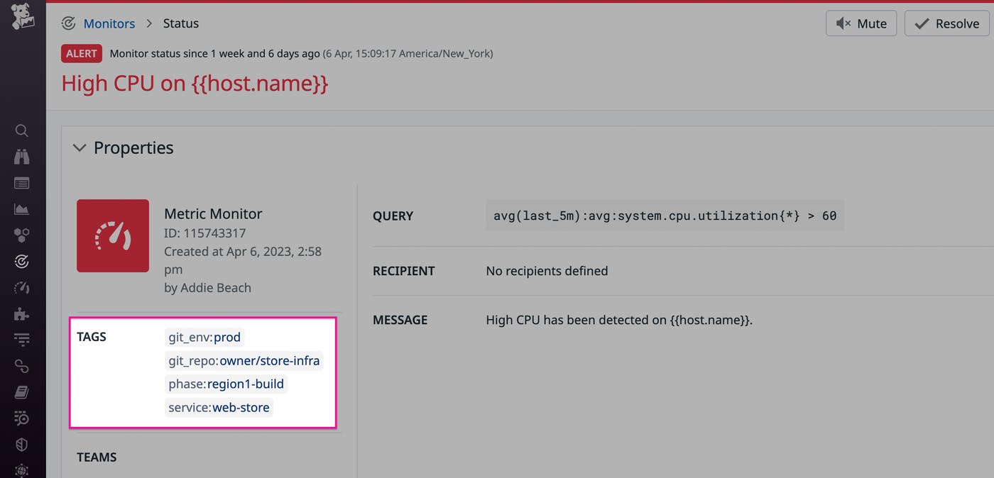 Tags on a monitor for GitHub Deployement Protection Rules. Tags on a monitor for GitHub Deployement Protection Rules.