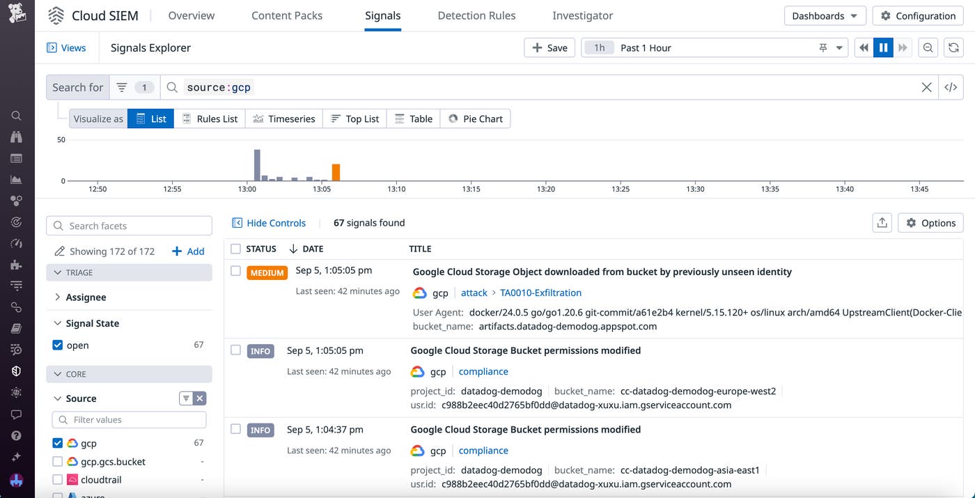 A list of signals from Google Cloud Security Command Center within Cloud SIEM Signals Explorer. A list of signals from Google Cloud Security Command Center within Cloud SIEM Signals Explorer.