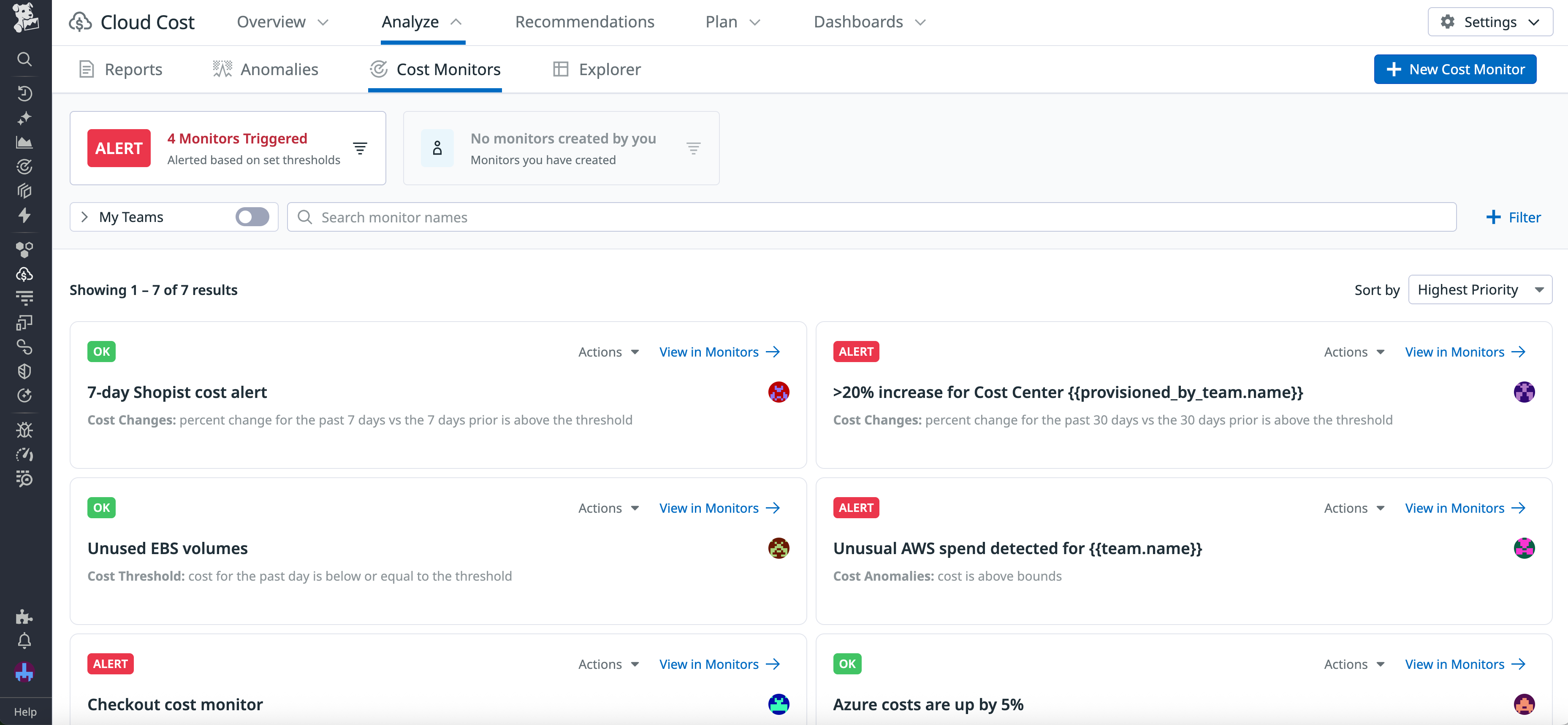 A list of cost monitors, a few showing triggered alerts.