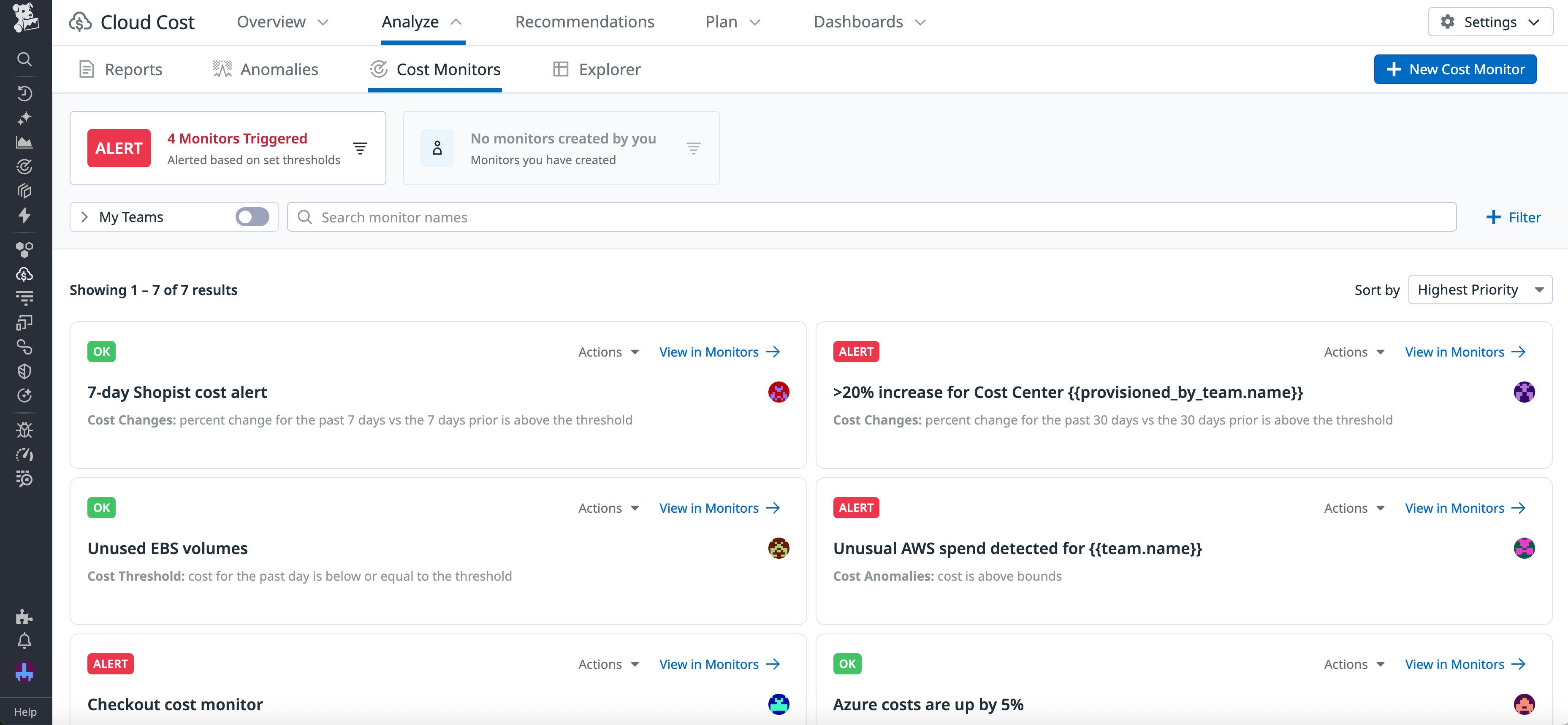 A list of cost monitors, a few showing triggered alerts. A list of cost monitors, a few showing triggered alerts.