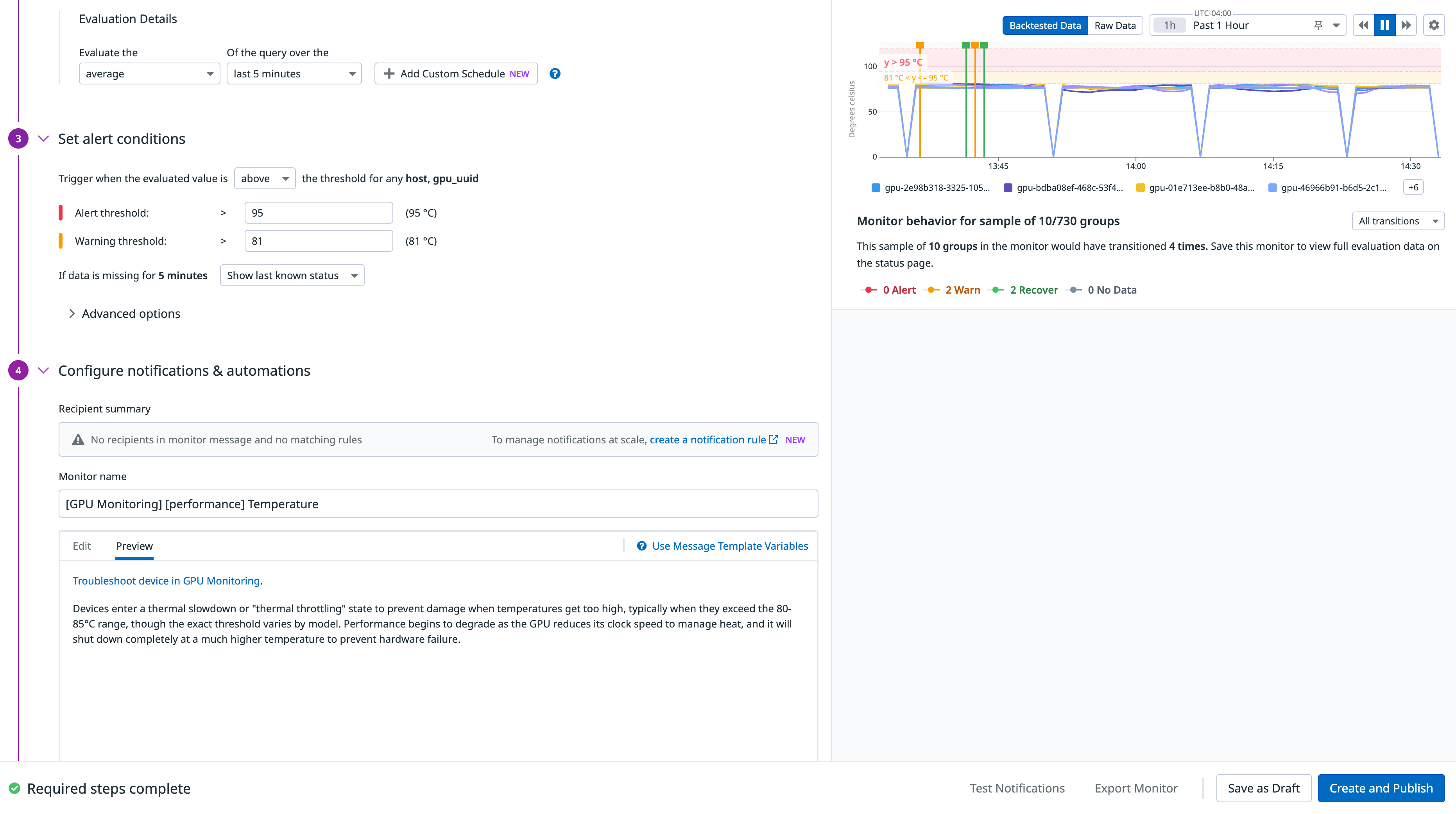 A screenshot showing the creation of a monitor for GPU temperature and throttling.