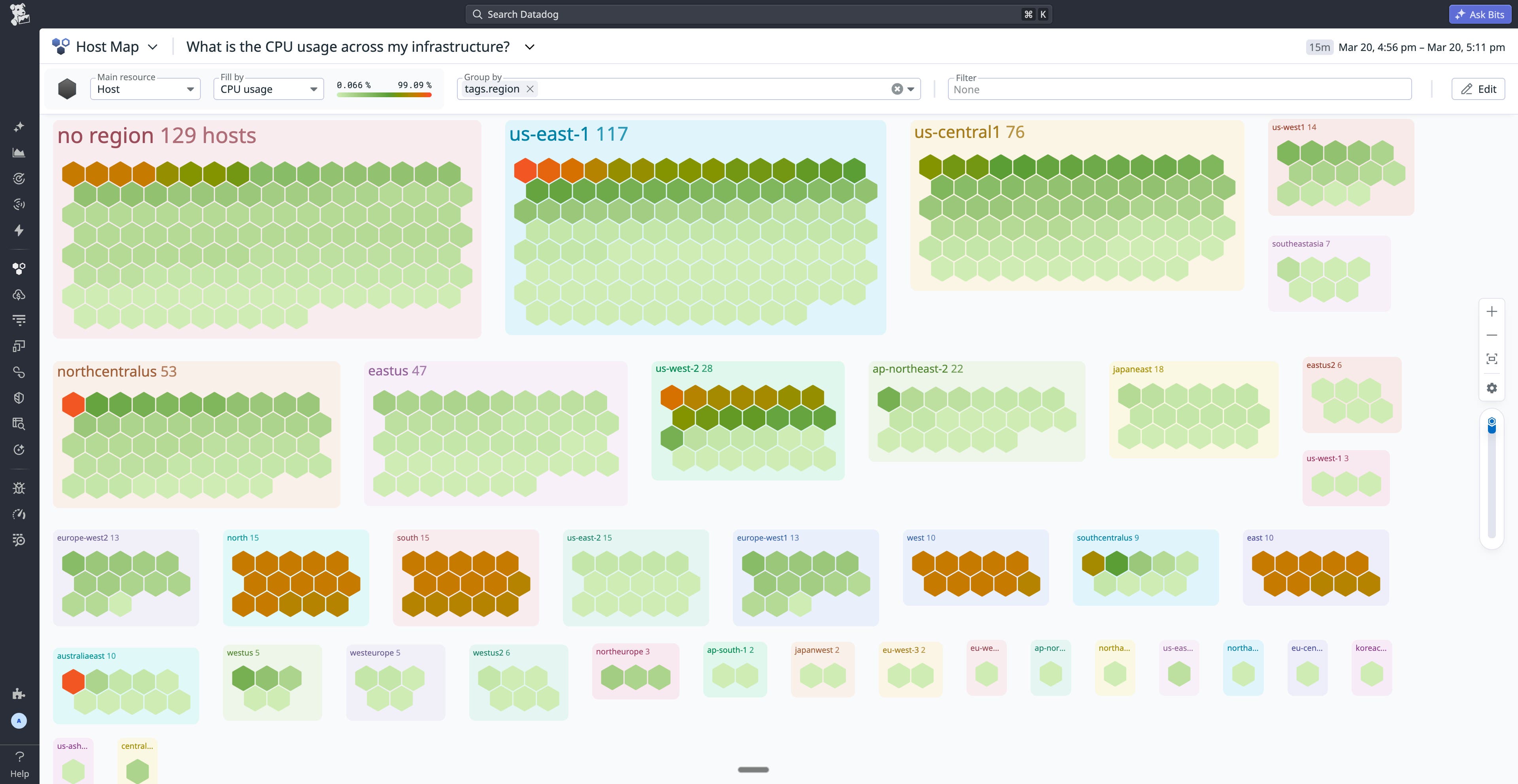Full-screen Host Map grouped by region and colored by CPU usage to help teams quickly assess infrastructure health. Full-screen Host Map grouped by region and colored by CPU usage to help teams quickly assess infrastructure health.