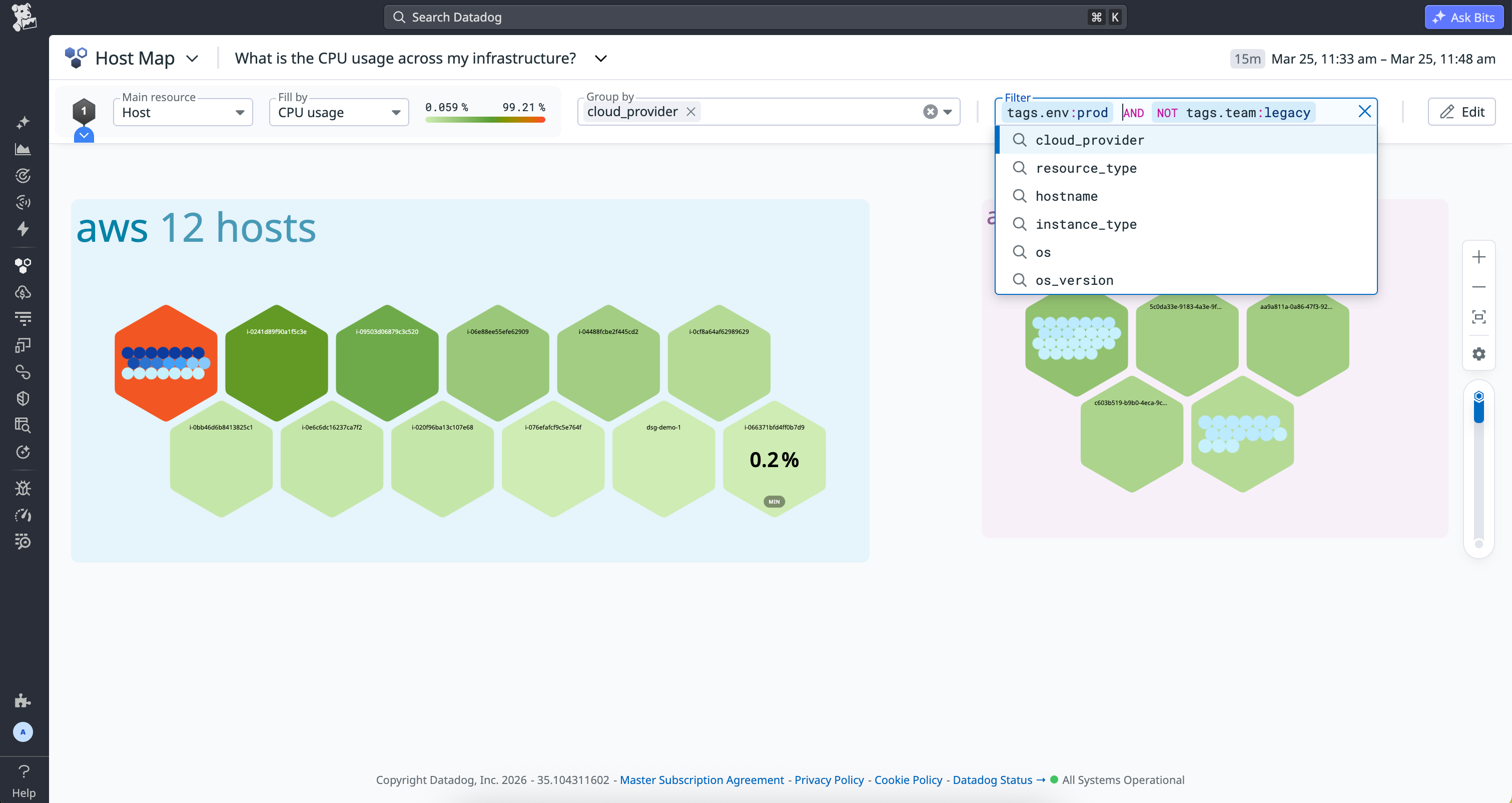Expanded search bar in the Host Map showing logical operators and autocomplete suggestions.