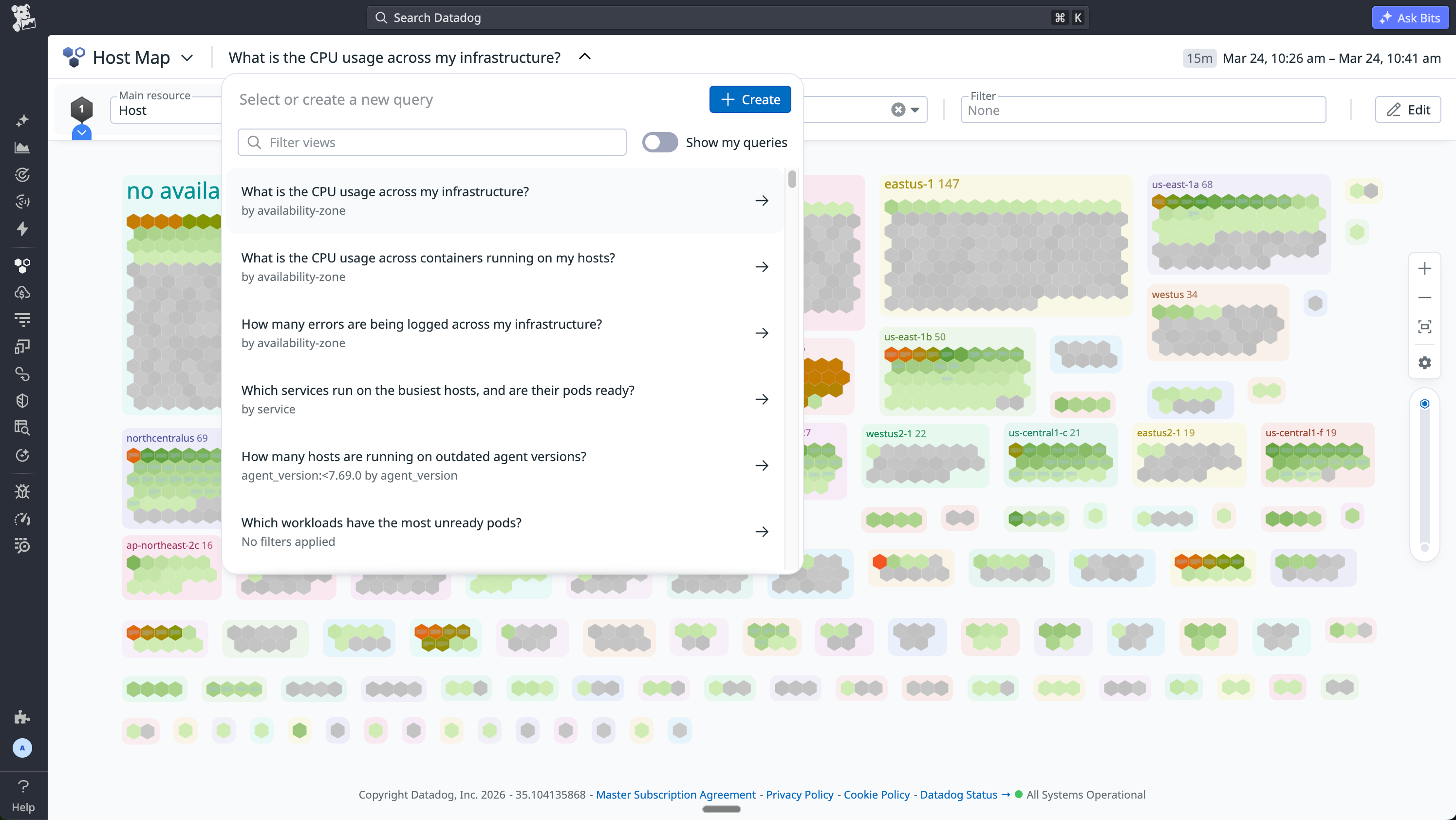 Suggested queries appear in a dropdown, enabling the user to choose one to highlight useful views that help with troubleshooting.