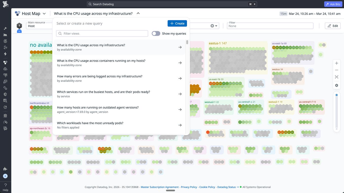 Suggested queries appear in a dropdown, enabling the user to choose one to highlight useful views that help with troubleshooting. Suggested queries appear in a dropdown, enabling the user to choose one to highlight useful views that help with troubleshooting.