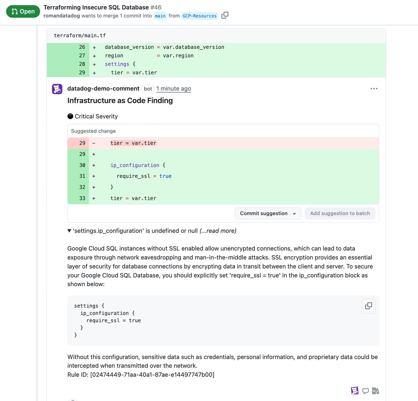 An IaC Security finding that includes a recommendation to enable SSL to enhance the security of a database. An IaC Security finding that includes a recommendation to enable SSL to enhance the security of a database.
