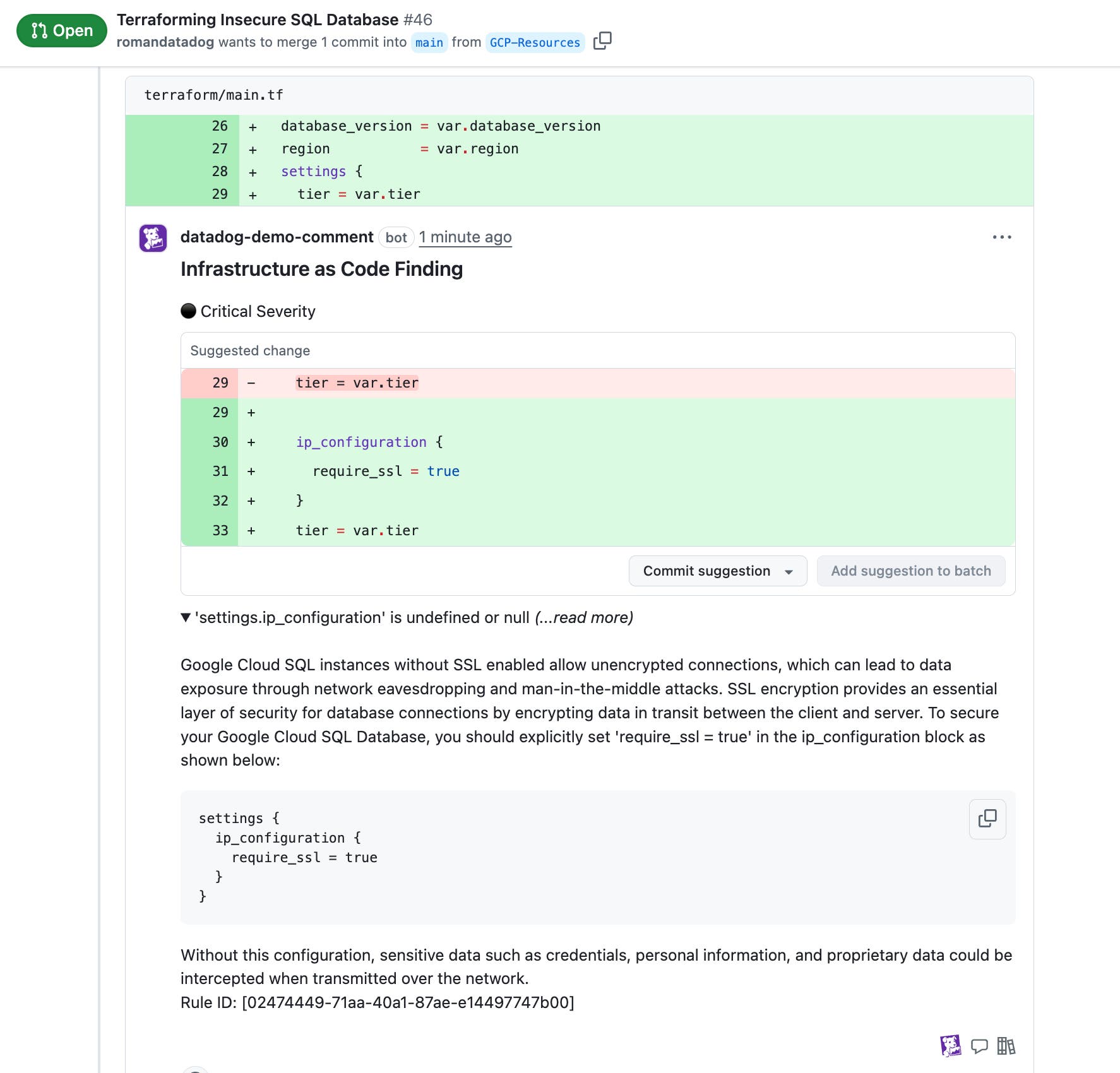 An IaC Security finding that includes a recommendation to enable SSL to enhance the security of a database. An IaC Security finding that includes a recommendation to enable SSL to enhance the security of a database.