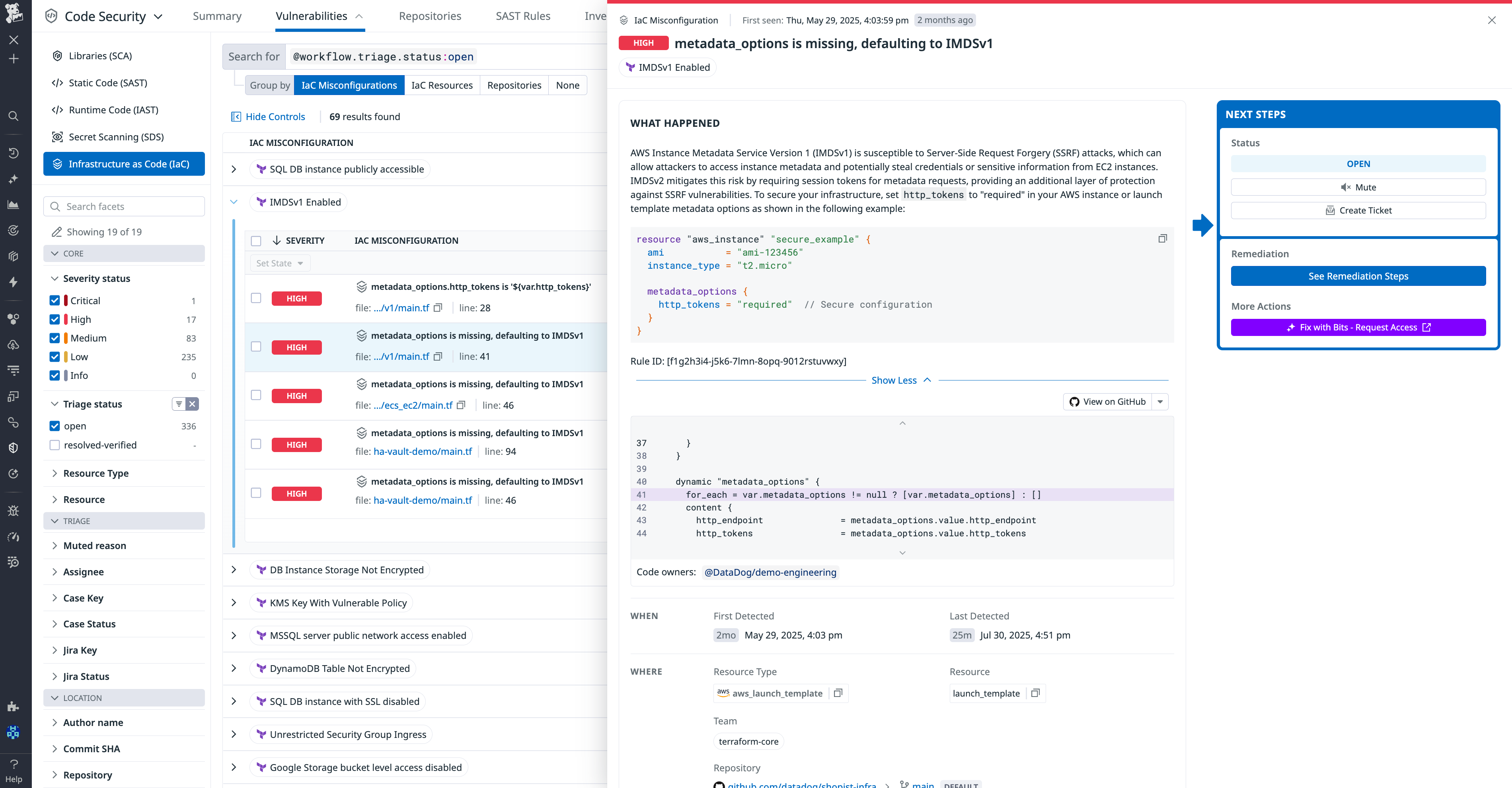 IaC Security results in the Datadog Code Security UI. The side panel shows information about a specific misconfiguration that has high severity.