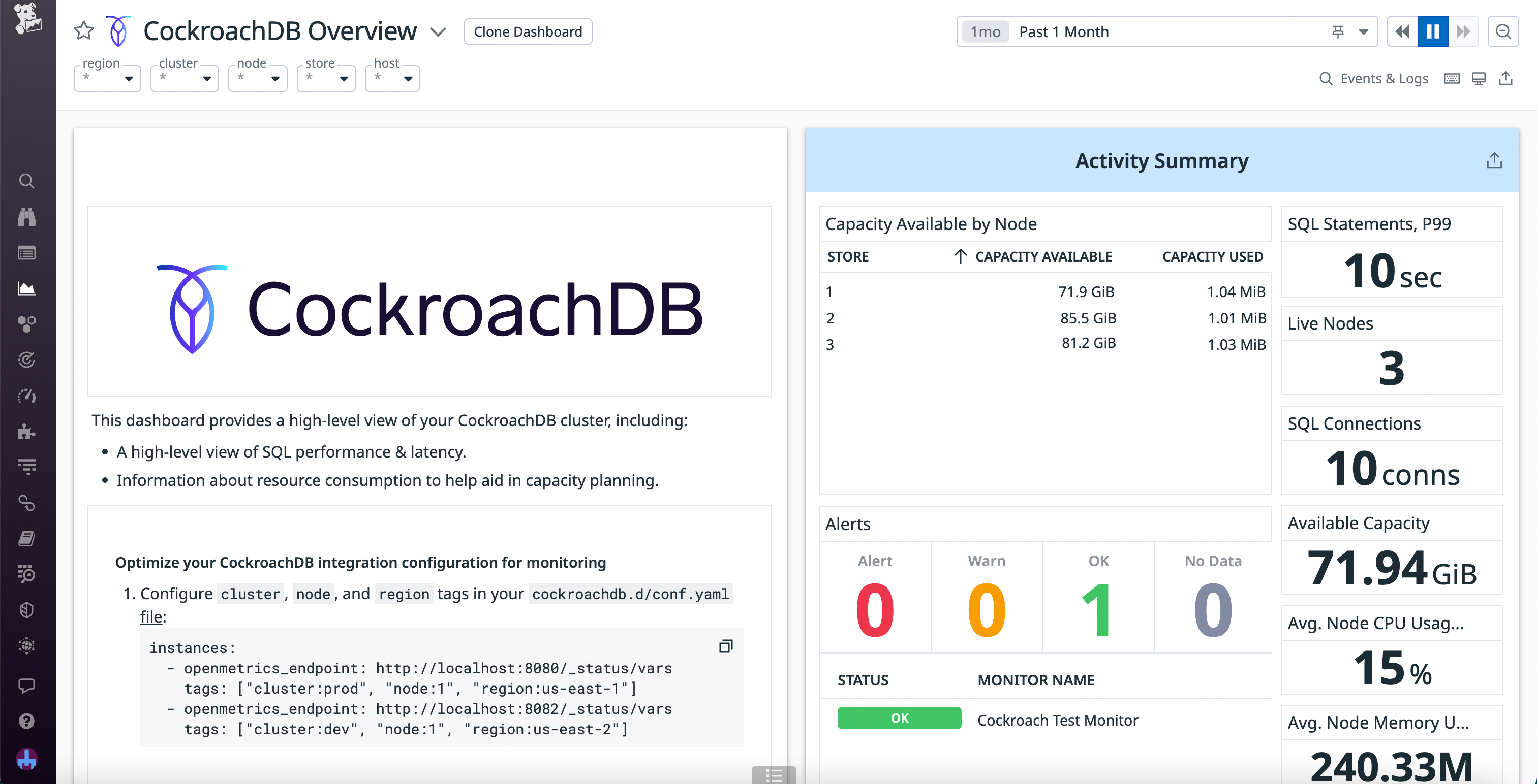 The updated CockroachDB OOTB dashboard, including alerts, capacity metrics, and latency summaries.