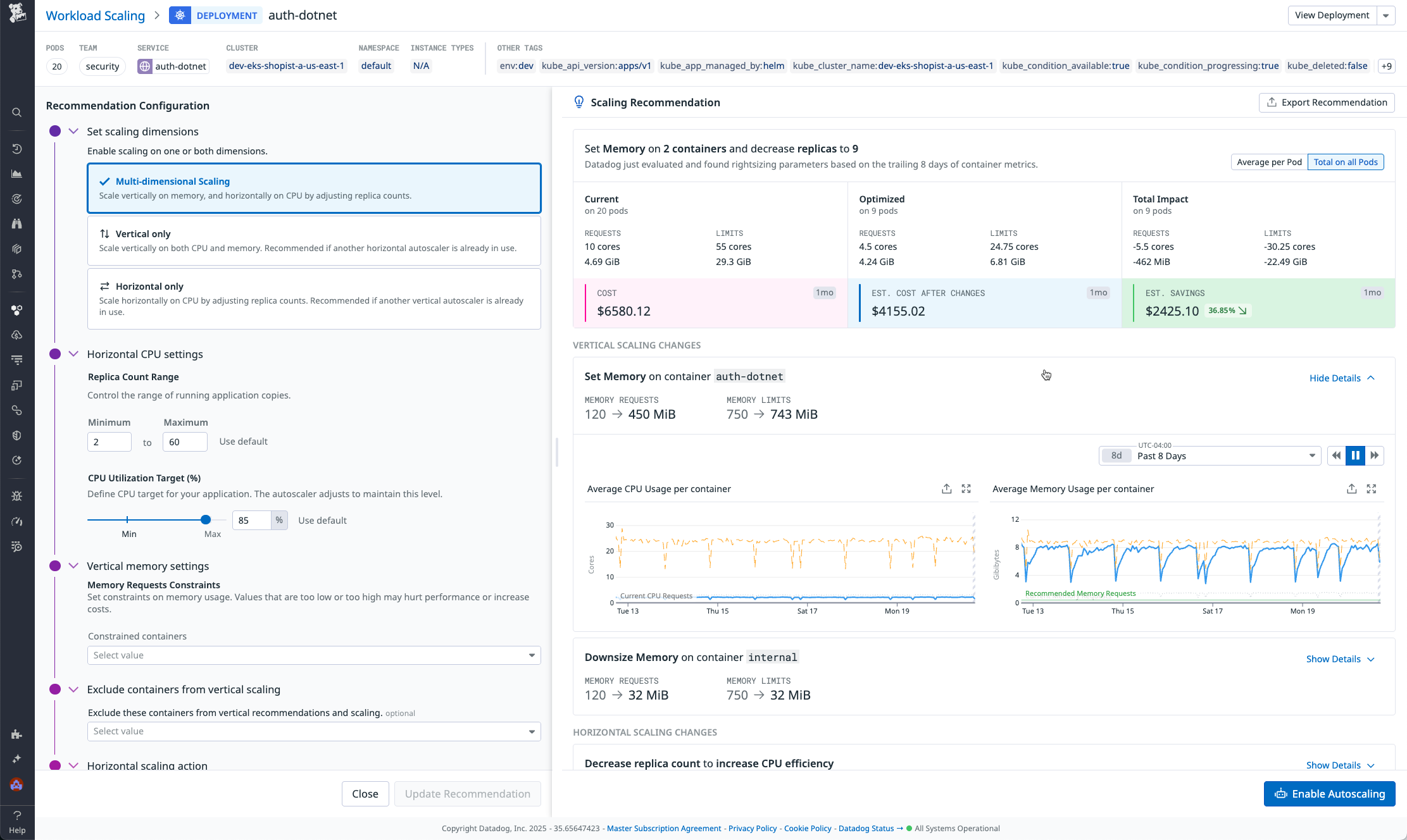 The autoscaler configuration window for a Kubernetes workload.
