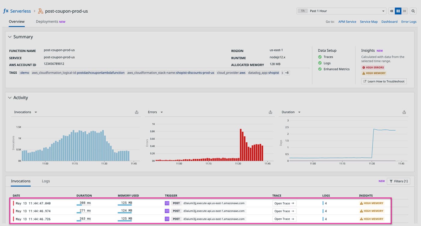 Identify the functions that are consuming the most memory on the Serverless homepage Identify the functions that are consuming the most memory on the Serverless homepage