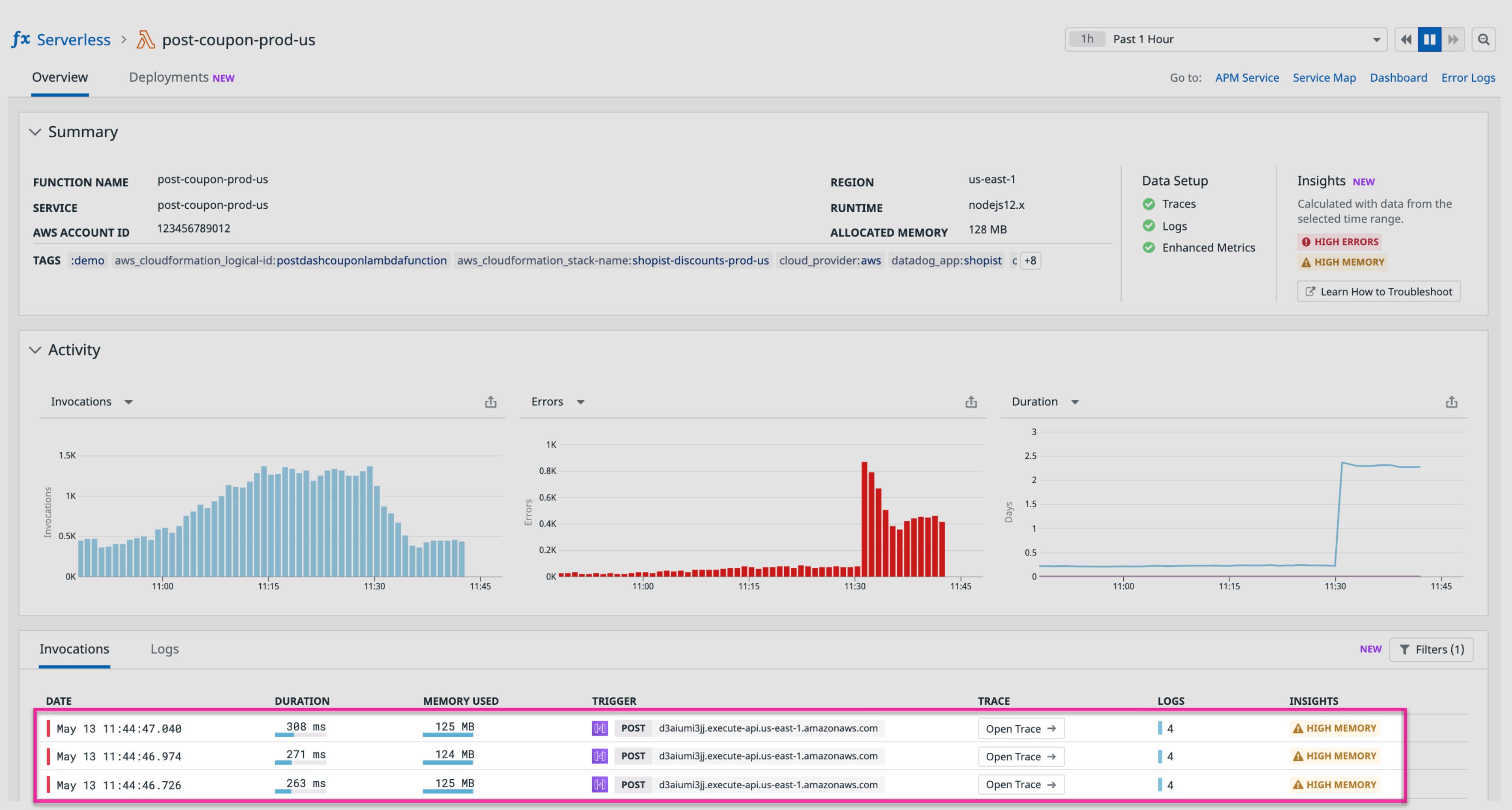 Identify the functions that are consuming the most memory on the Serverless homepage Identify the functions that are consuming the most memory on the Serverless homepage