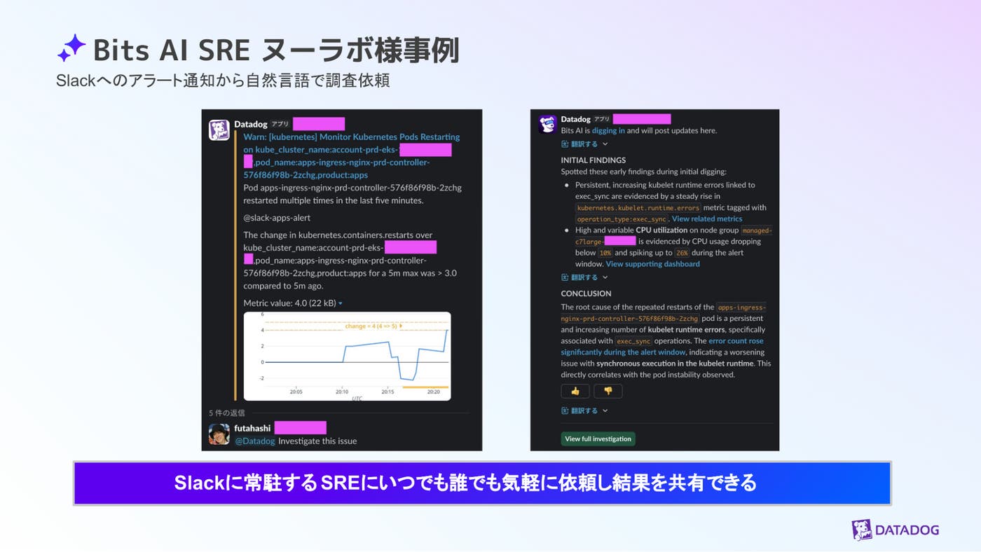 Slack 上で Bits AI SRE に調査依頼を行い、結果を確認している様子を示すスライド。 Slack 上で Bits AI SRE に調査依頼を行い、結果を確認している様子を示すスライド。