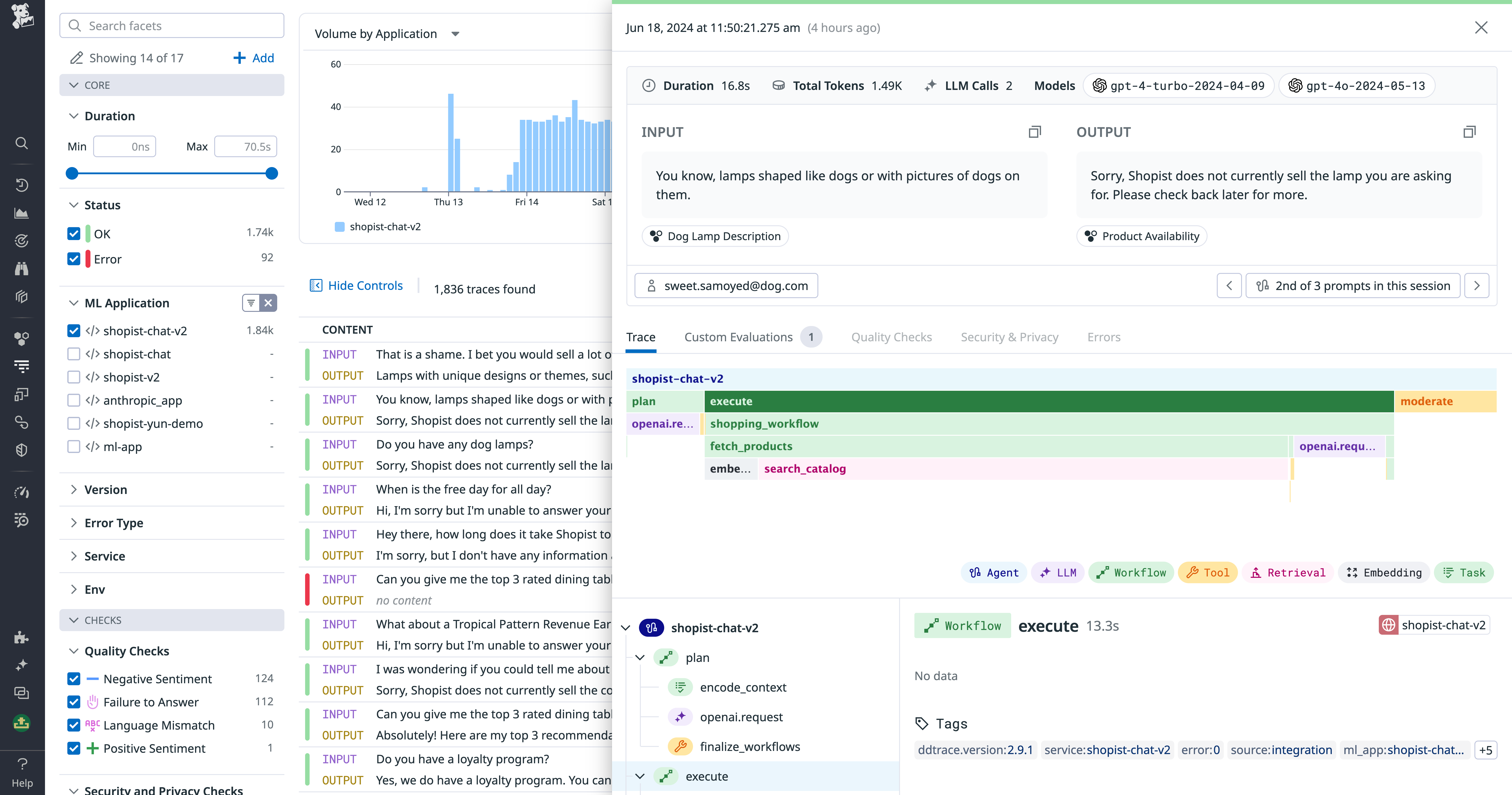 LLM Observability trace view, showing the latency of a step