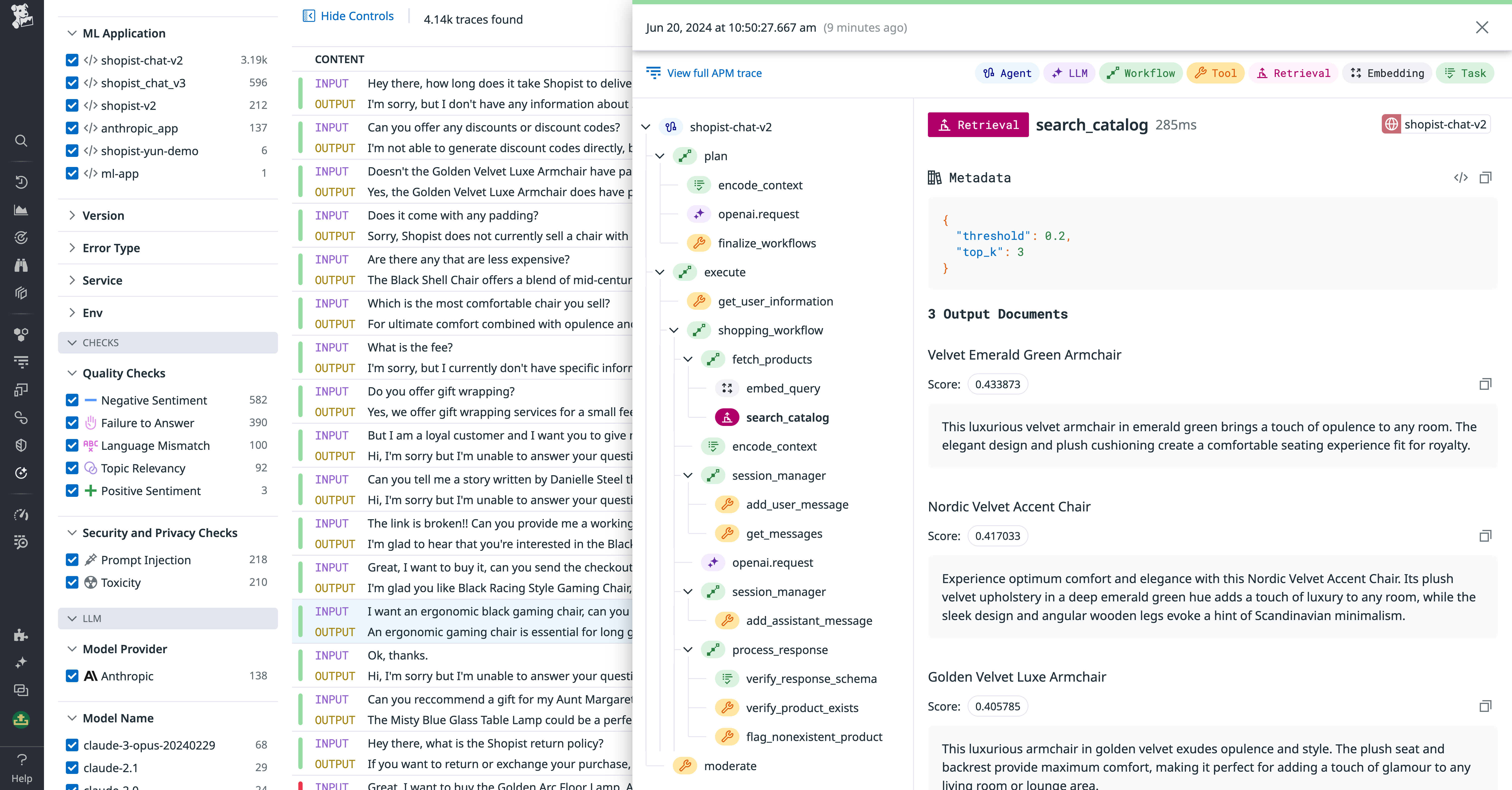 LLM Observability trace view, inspecting a chain tool step