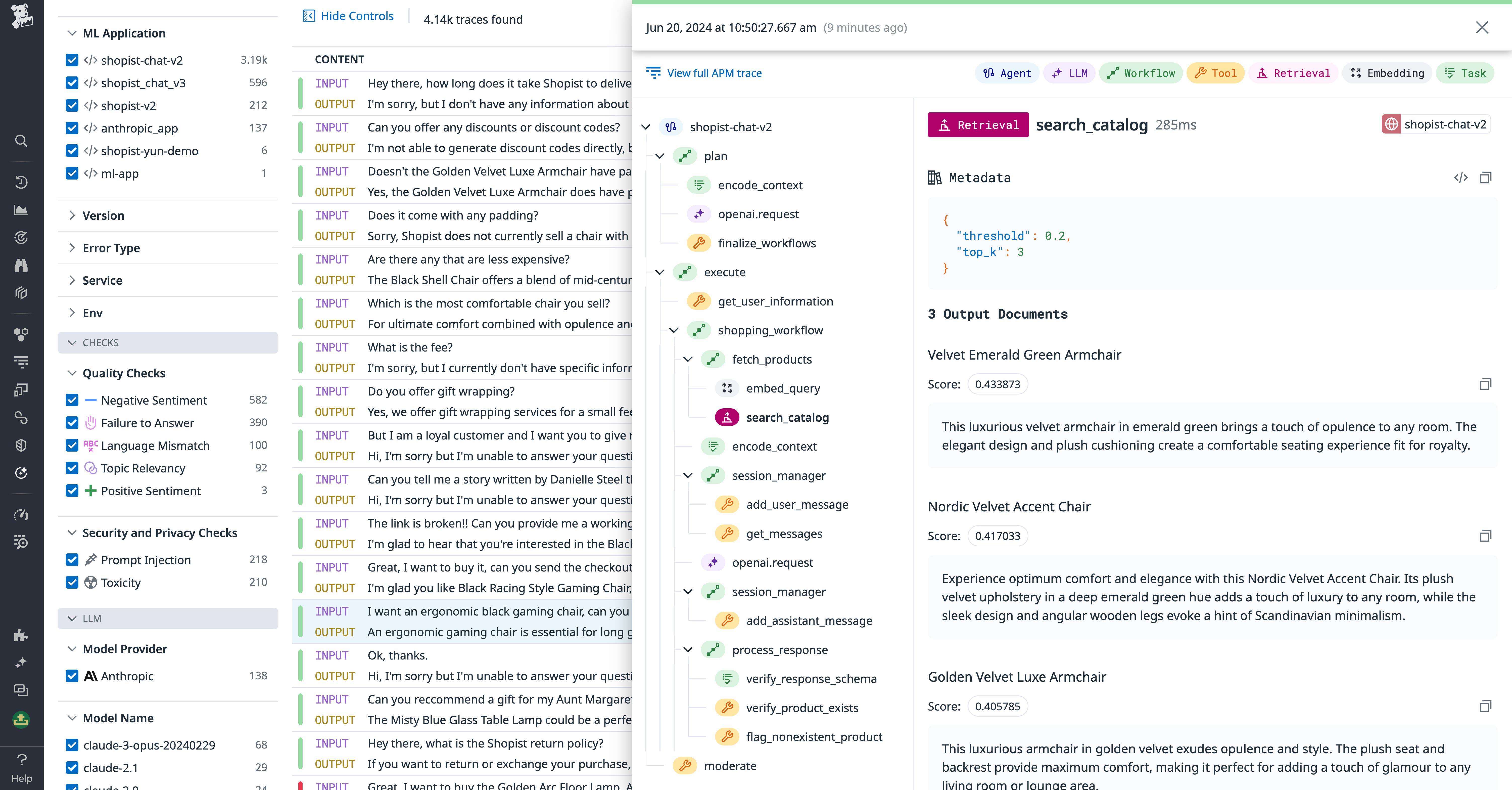 LLM Observability trace view, inspecting a chain tool step LLM Observability trace view, inspecting a chain tool step