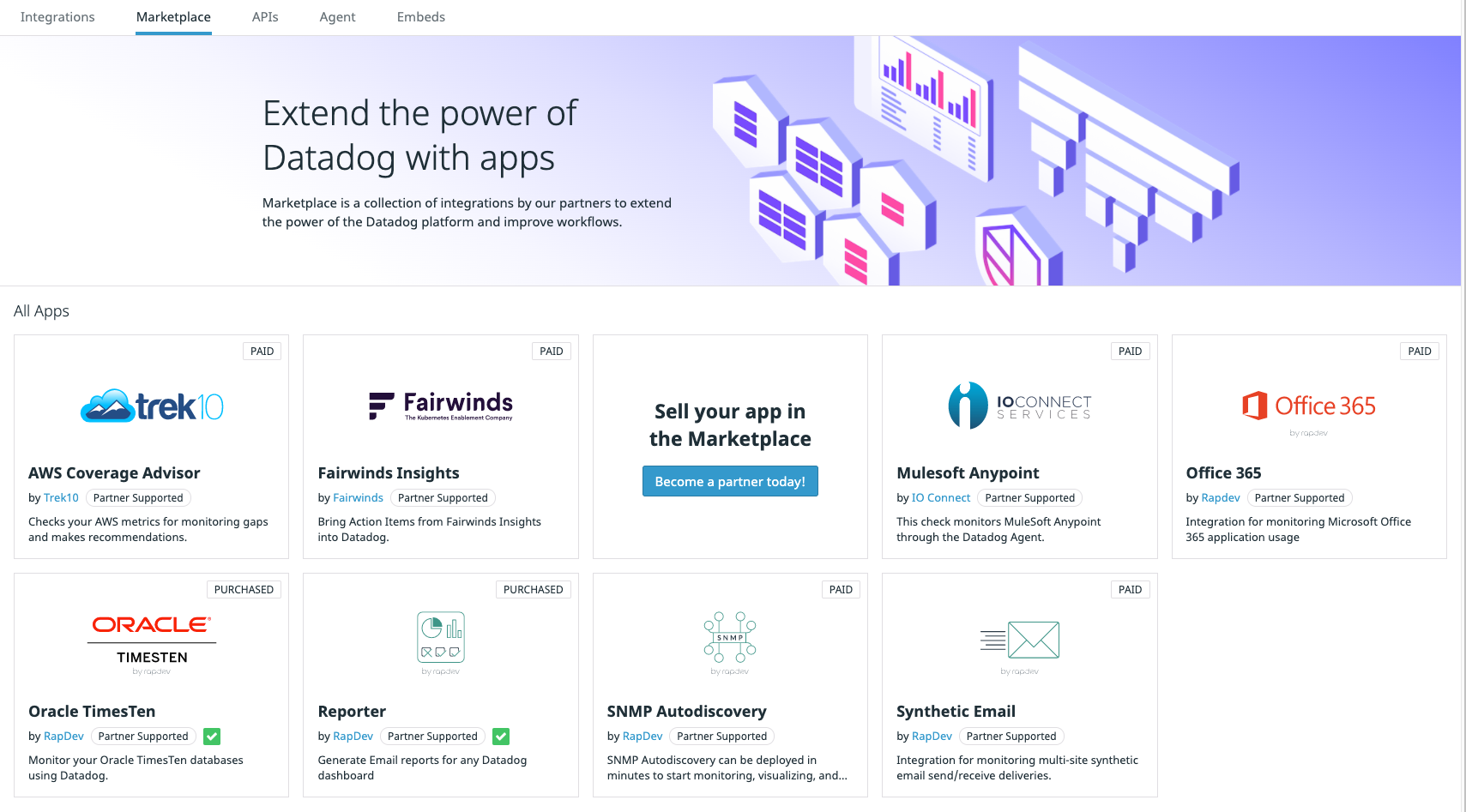 The Marketplace lets developers trade their Datadog applications.