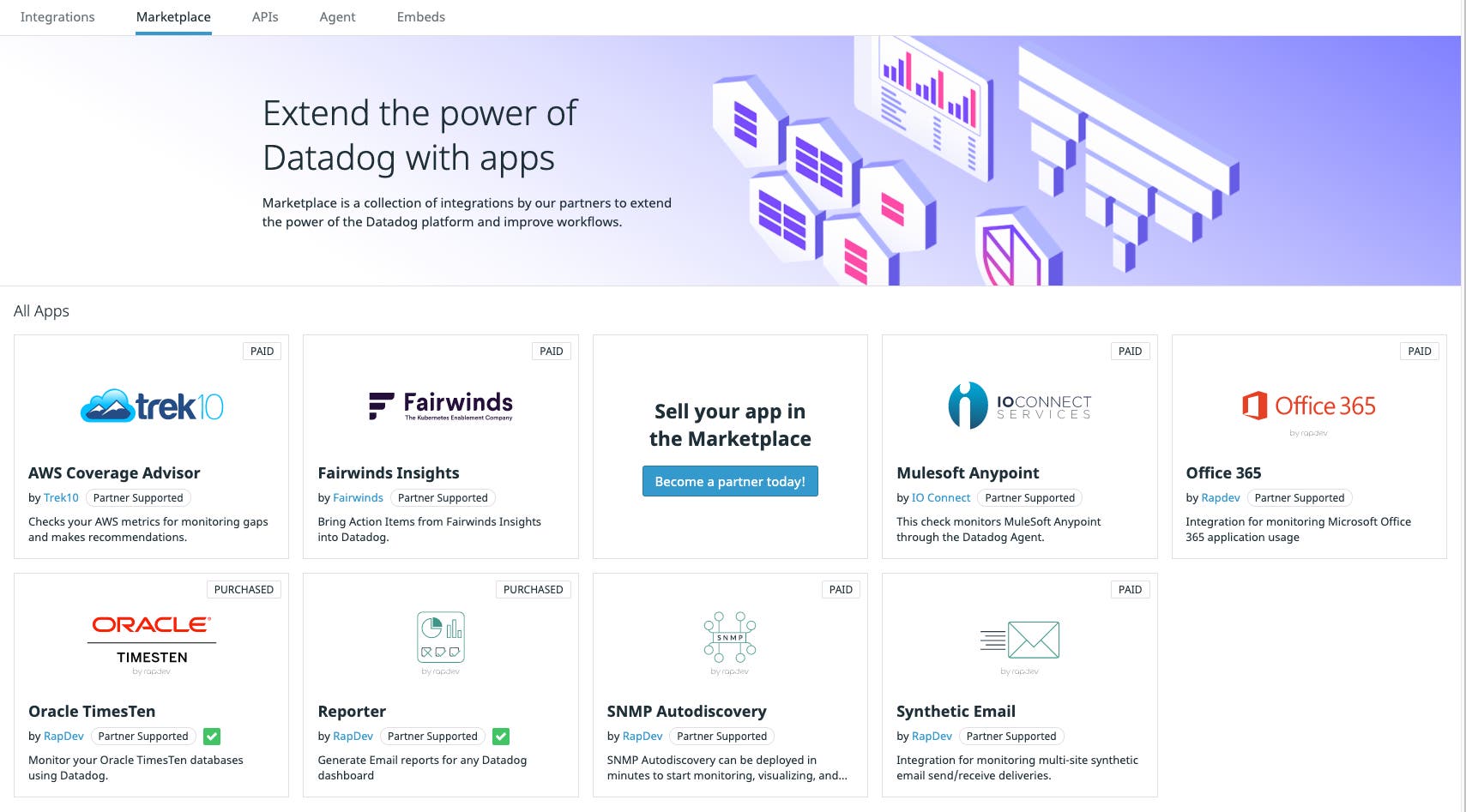 The Marketplace lets developers trade their Datadog applications. The Marketplace lets developers trade their Datadog applications.