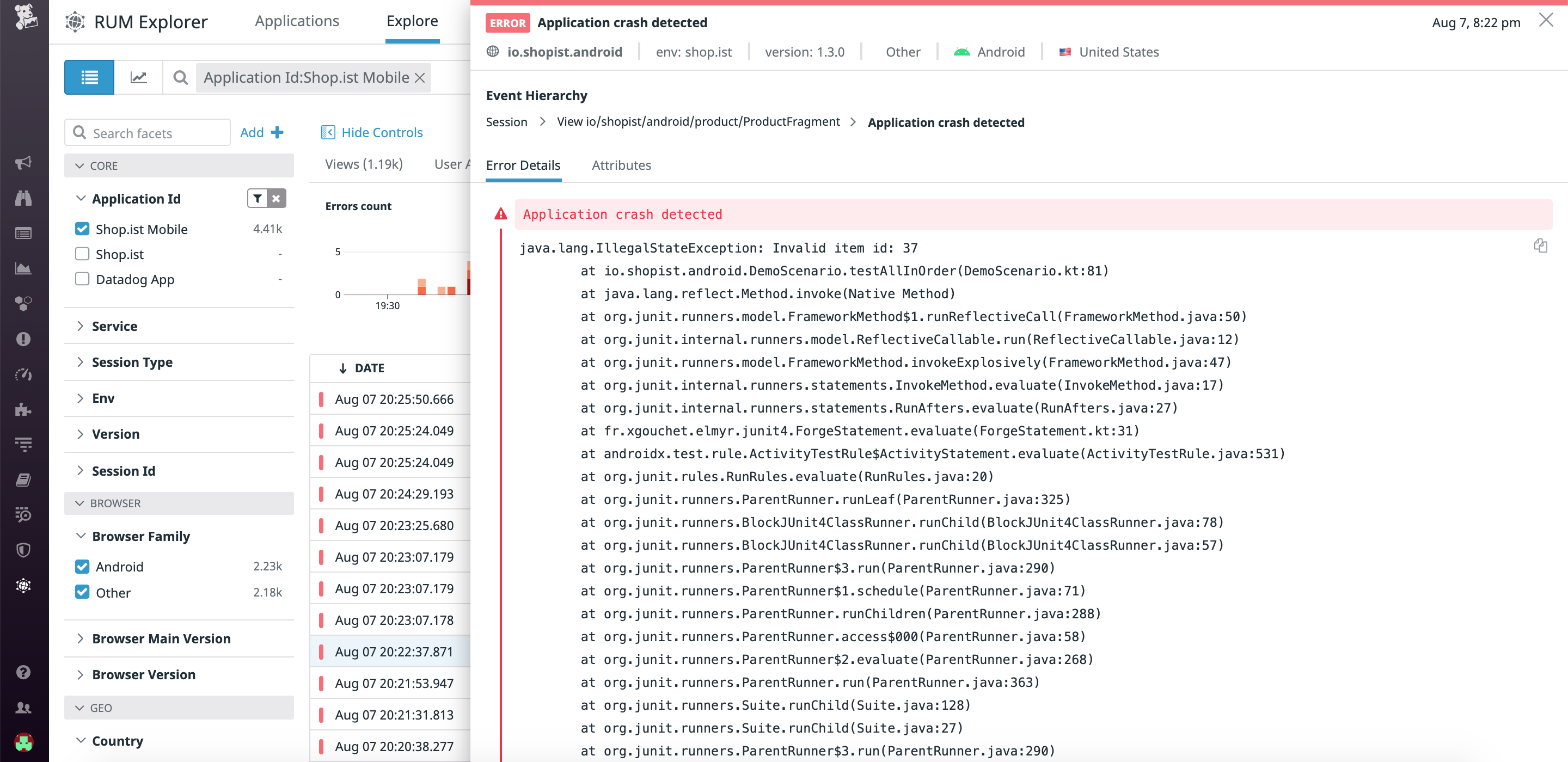 Mobile RUM には、異常が発生した箇所をピンポイントで発見するのに役立つスタックトレースを含め、アプリのすべてのエラーとクラッシュの詳細が表示されます。