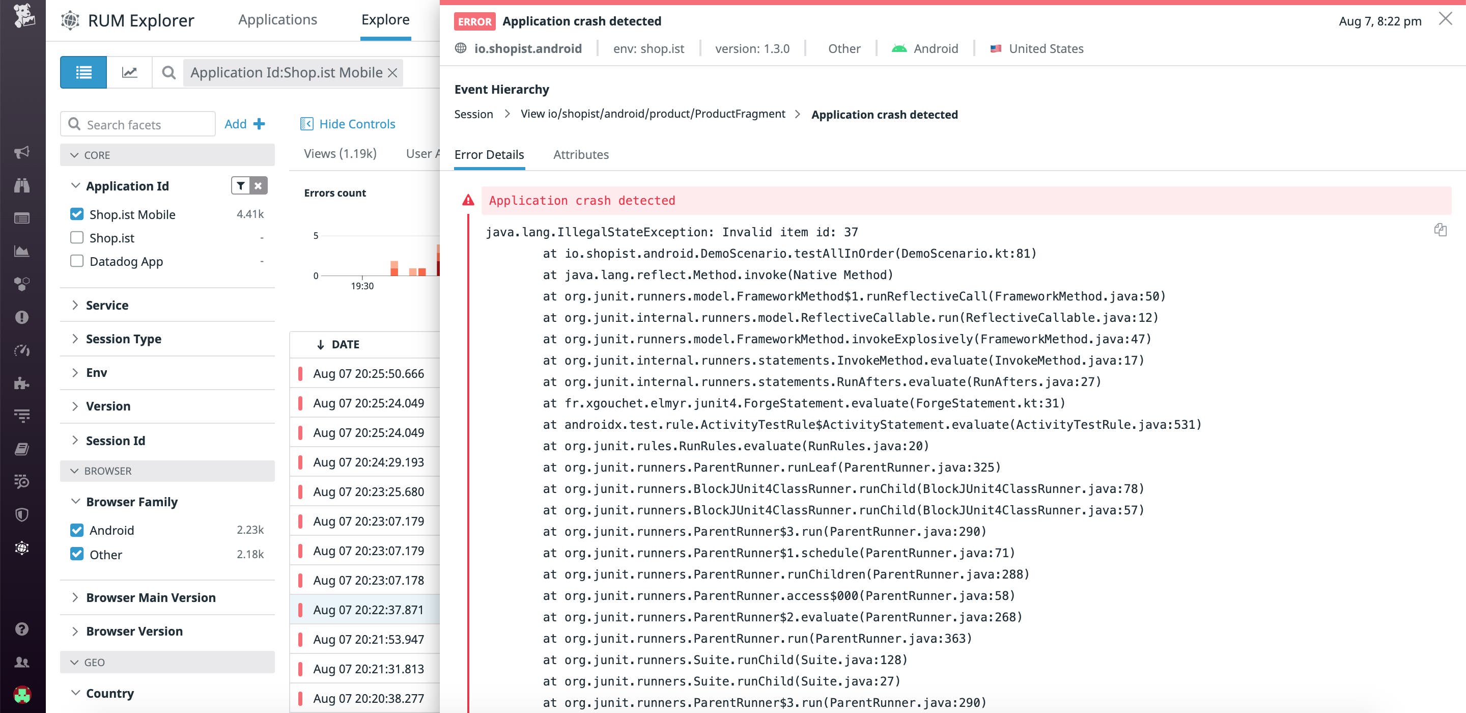 Mobile RUM には、異常が発生した箇所をピンポイントで発見するのに役立つスタックトレースを含め、アプリのすべてのエラーとクラッシュの詳細が表示されます。 Mobile RUM には、異常が発生した箇所をピンポイントで発見するのに役立つスタックトレースを含め、アプリのすべてのエラーとクラッシュの詳細が表示されます。