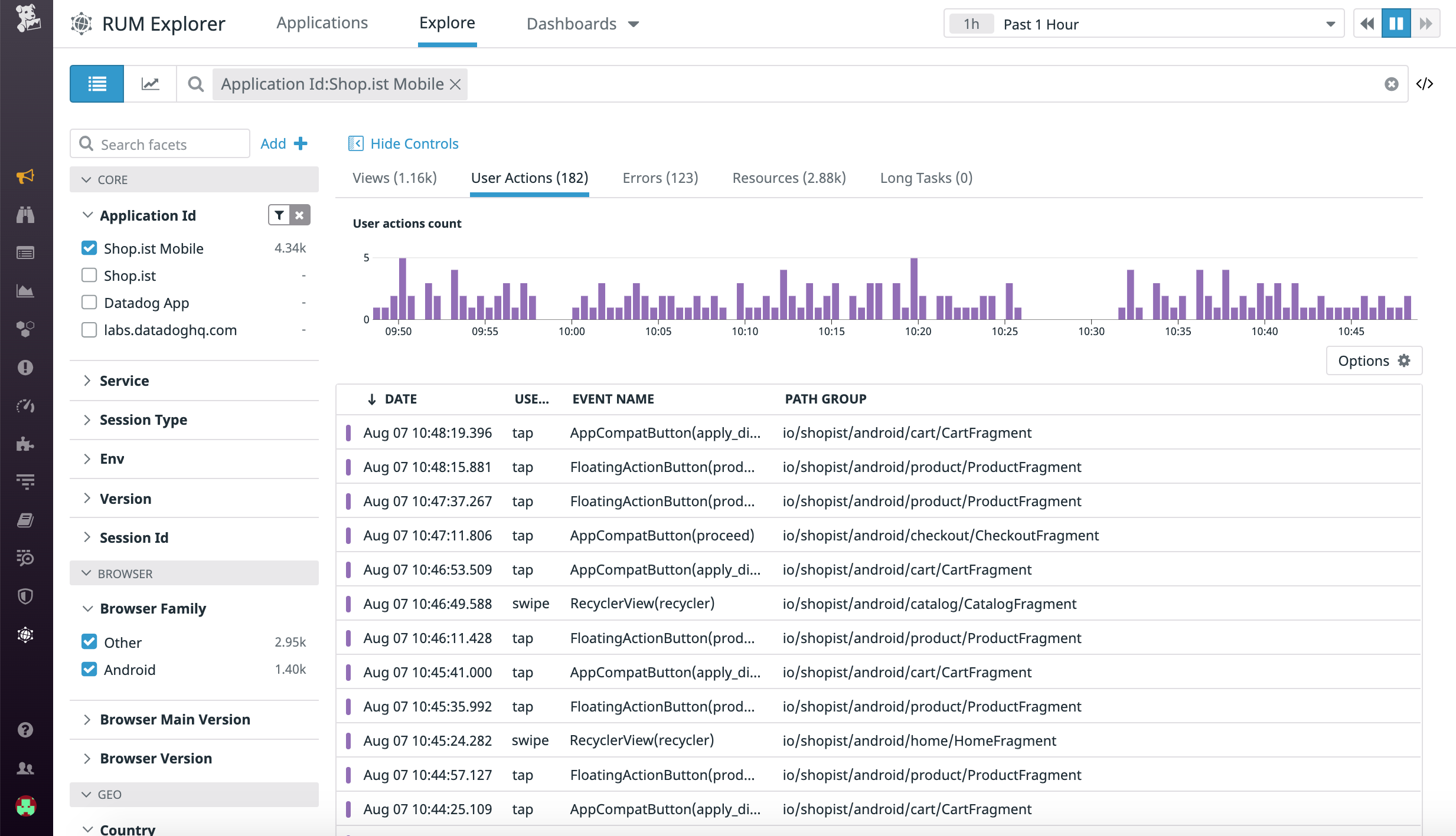 Mobik RUM がタップやスワイプなどのユーザーアクションを収集し、さまざまな画面におけるユーザーの操作を表示します。