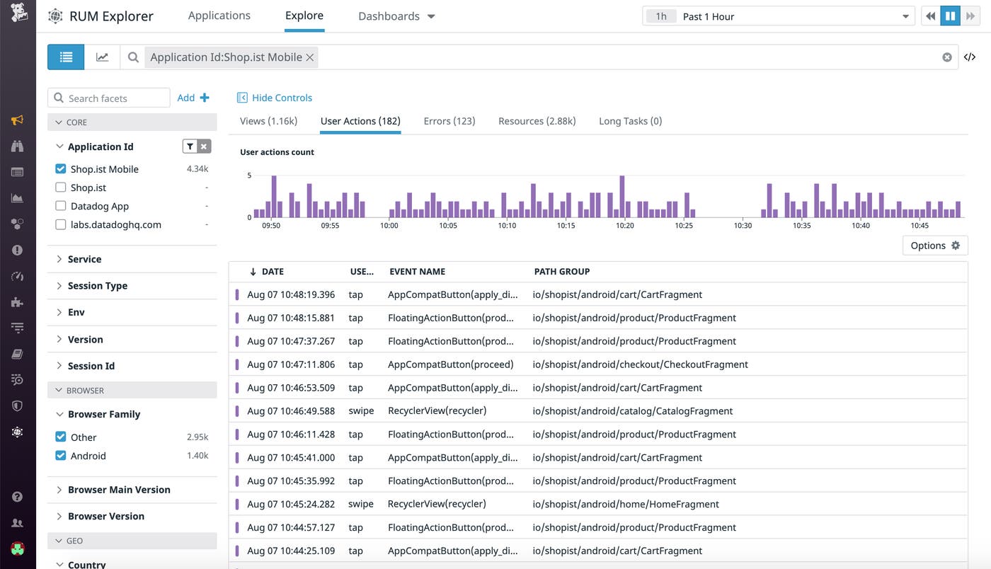 Mobik RUM がタップやスワイプなどのユーザーアクションを収集し、さまざまな画面におけるユーザーの操作を表示します。 Mobik RUM がタップやスワイプなどのユーザーアクションを収集し、さまざまな画面におけるユーザーの操作を表示します。