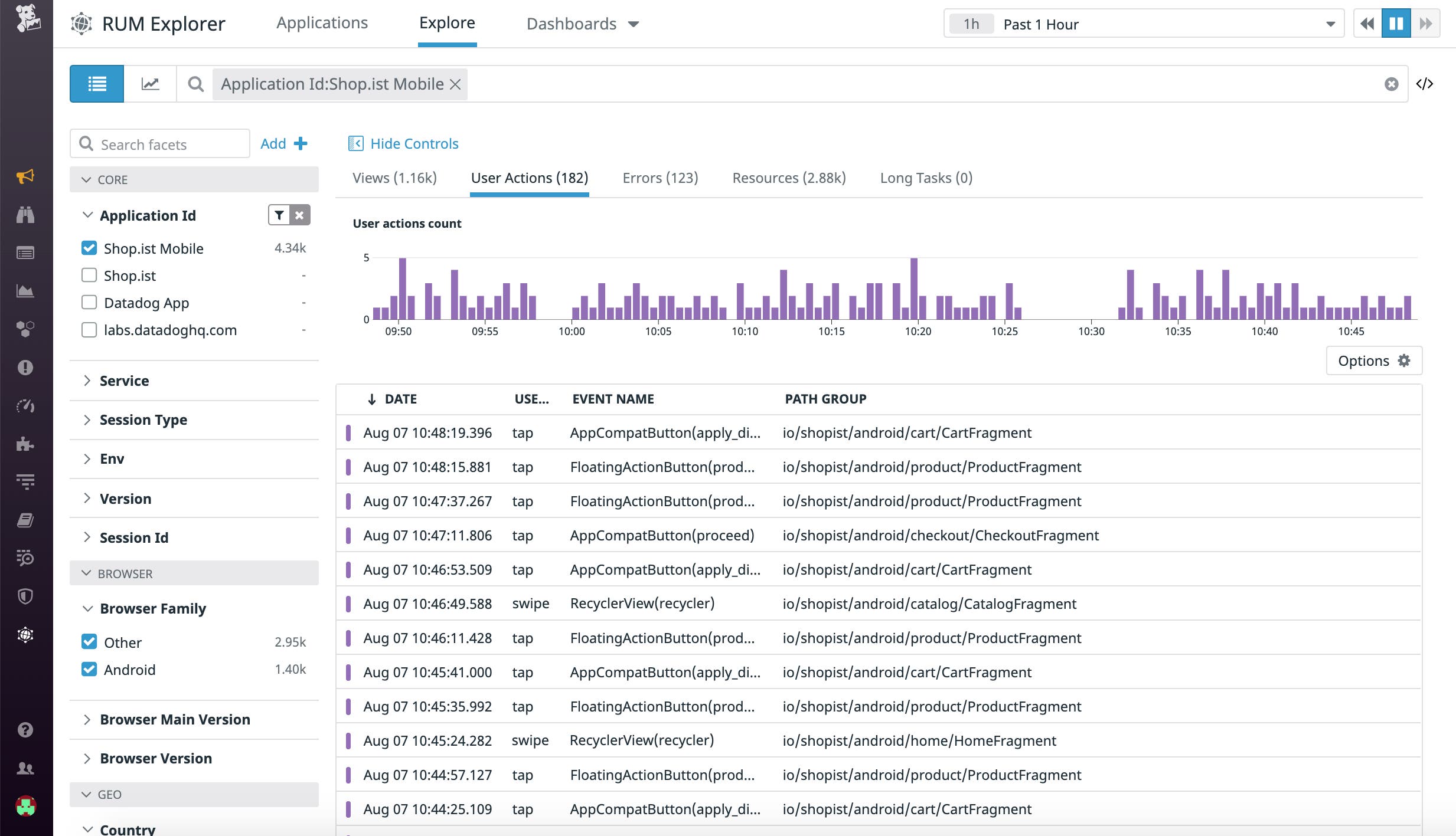 Mobik RUM がタップやスワイプなどのユーザーアクションを収集し、さまざまな画面におけるユーザーの操作を表示します。 Mobik RUM がタップやスワイプなどのユーザーアクションを収集し、さまざまな画面におけるユーザーの操作を表示します。