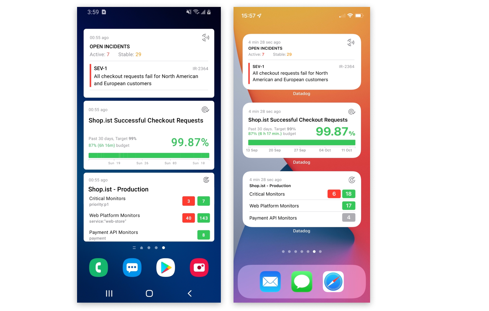 Mobile dashboards for Android and iOS combine Datadog incidents, SLO, and monitor widgets.