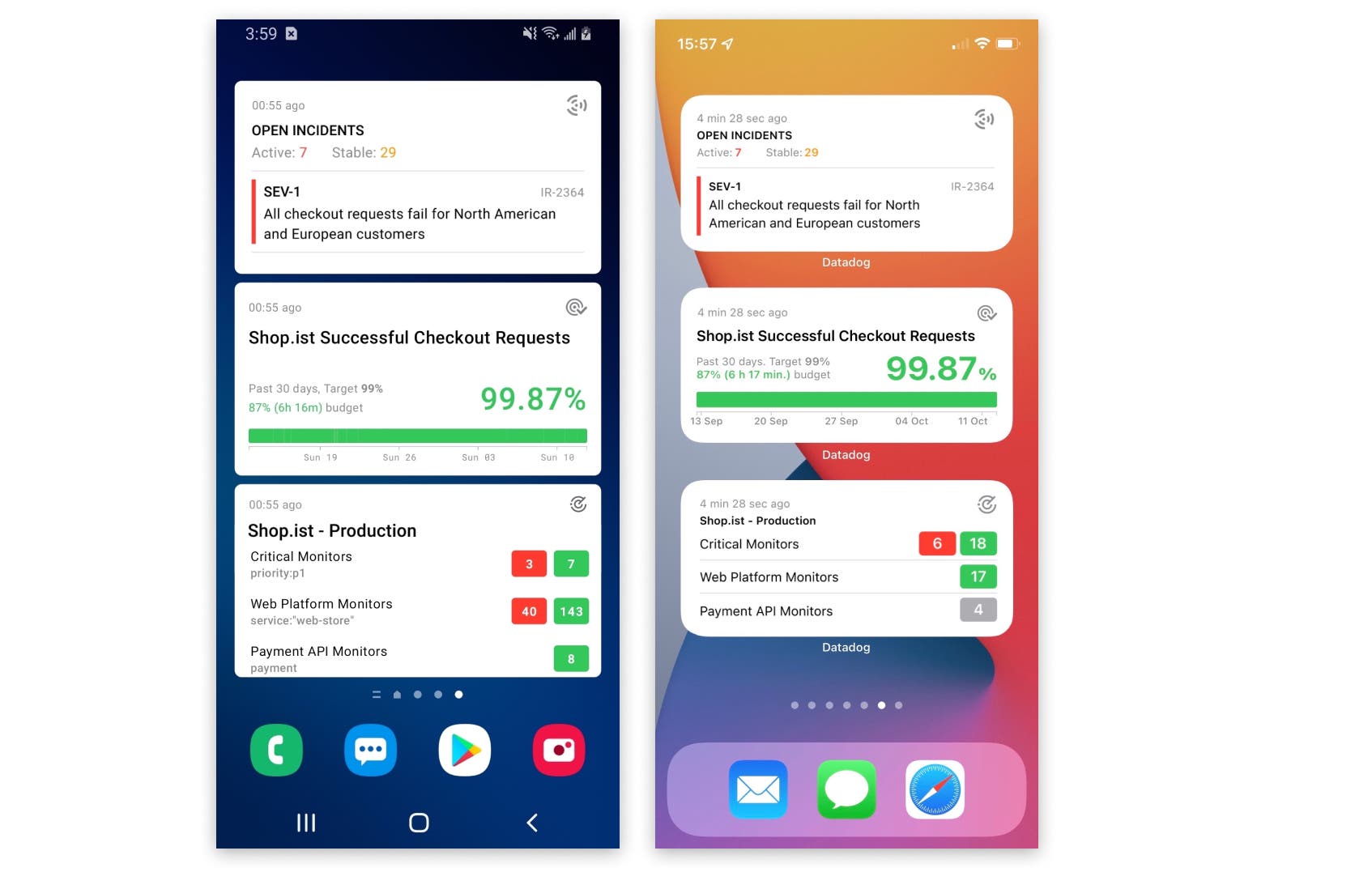 Mobile dashboards for Android and iOS combine Datadog incidents, SLO, and monitor widgets. Mobile dashboards for Android and iOS combine Datadog incidents, SLO, and monitor widgets.