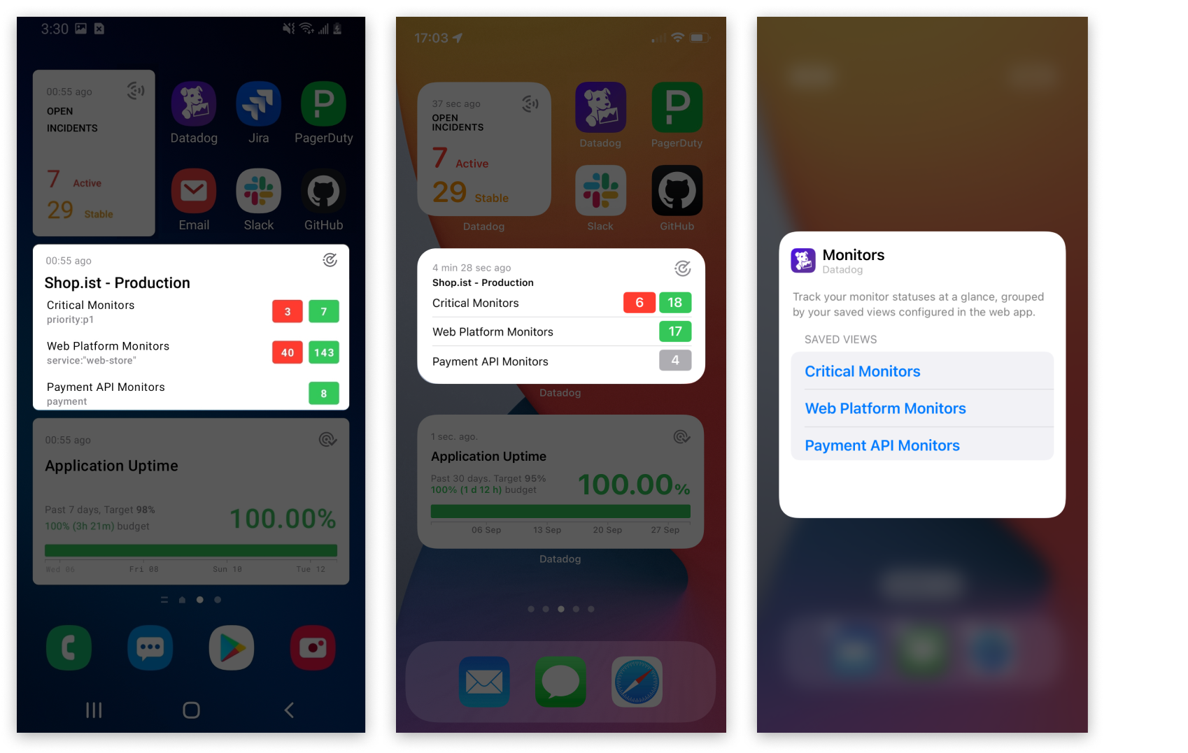 Screenshots show the monitors widget for Android and iOS. In each widget, a row shows the count of monitors in the alert state and the OK state for critical monitors, web platform monitors, and payment API monitors.