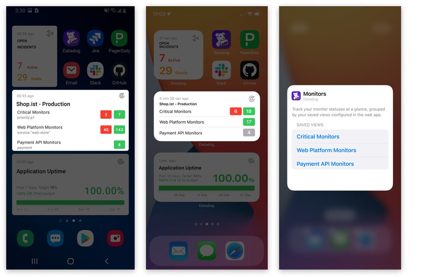 Screenshots show the monitors widget for Android and iOS. In each widget, a row shows the count of monitors in the alert state and the OK state for critical monitors, web platform monitors, and payment API monitors. Screenshots show the monitors widget for Android and iOS. In each widget, a row shows the count of monitors in the alert state and the OK state for critical monitors, web platform monitors, and payment API monitors.