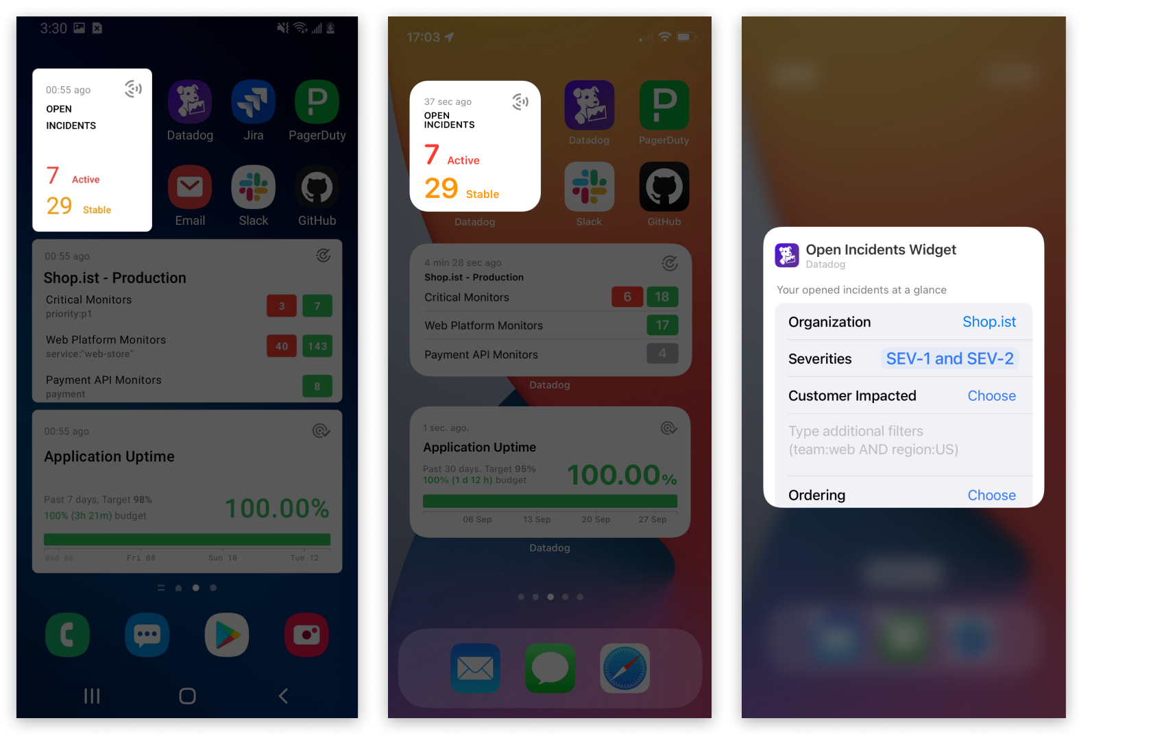 The incidents widget on Android and iOS shows the count of active and stable incidents.