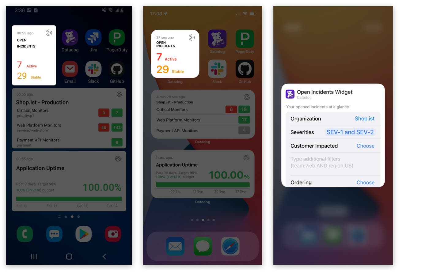 The incidents widget on Android and iOS shows the count of active and stable incidents. The incidents widget on Android and iOS shows the count of active and stable incidents.