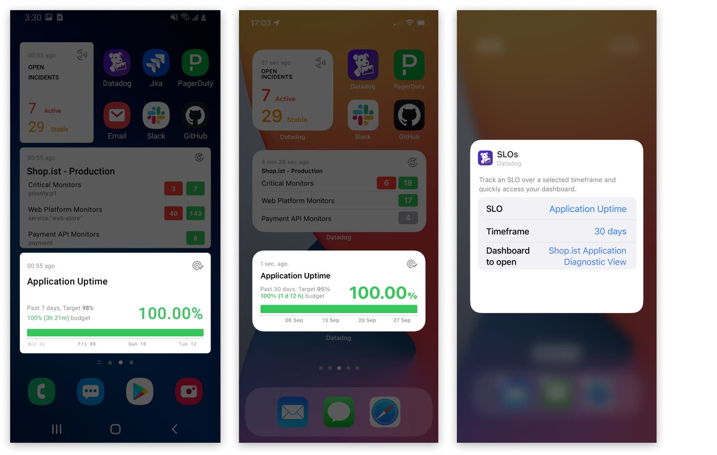 Screenshots show the SLO widget on Android and iOS: the Application Uptime SLO has a current performance of 100 percent. Screenshots show the SLO widget on Android and iOS: the Application Uptime SLO has a current performance of 100 percent.