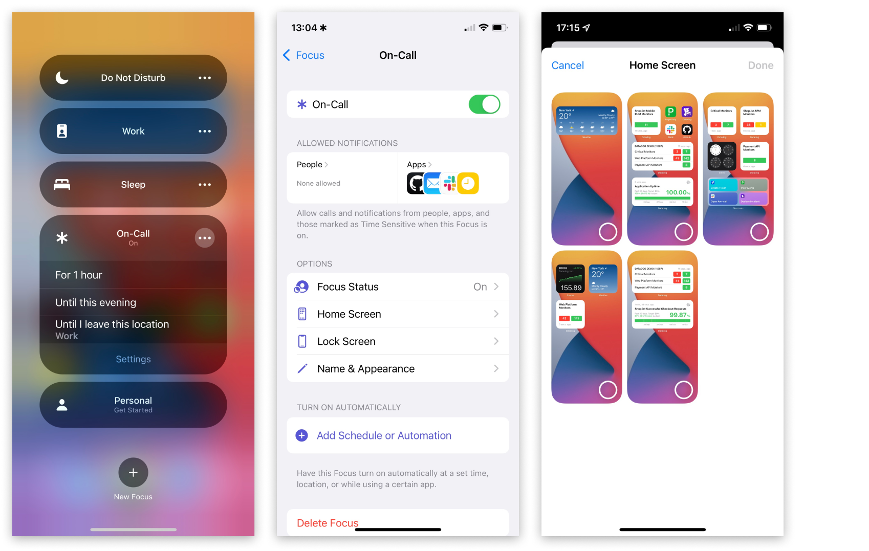 Three screenshots show configuration screens for iOS focus mode. One shows the controls for selecting and scheduling a focus mode. The second shows the configuration of a focus mode named On-Call. The third screen shows how you choose a dashboard for your home screen.