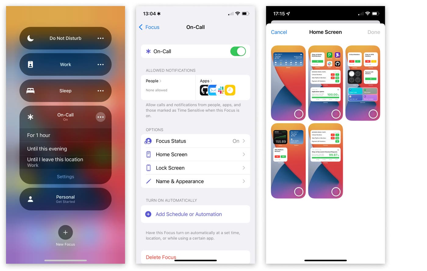 Three screenshots show configuration screens for iOS focus mode. One shows the controls for selecting and scheduling a focus mode. The second shows the configuration of a focus mode named On-Call. The third screen shows how you choose a dashboard for your home screen. Three screenshots show configuration screens for iOS focus mode. One shows the controls for selecting and scheduling a focus mode. The second shows the configuration of a focus mode named On-Call. The third screen shows how you choose a dashboard for your home screen.