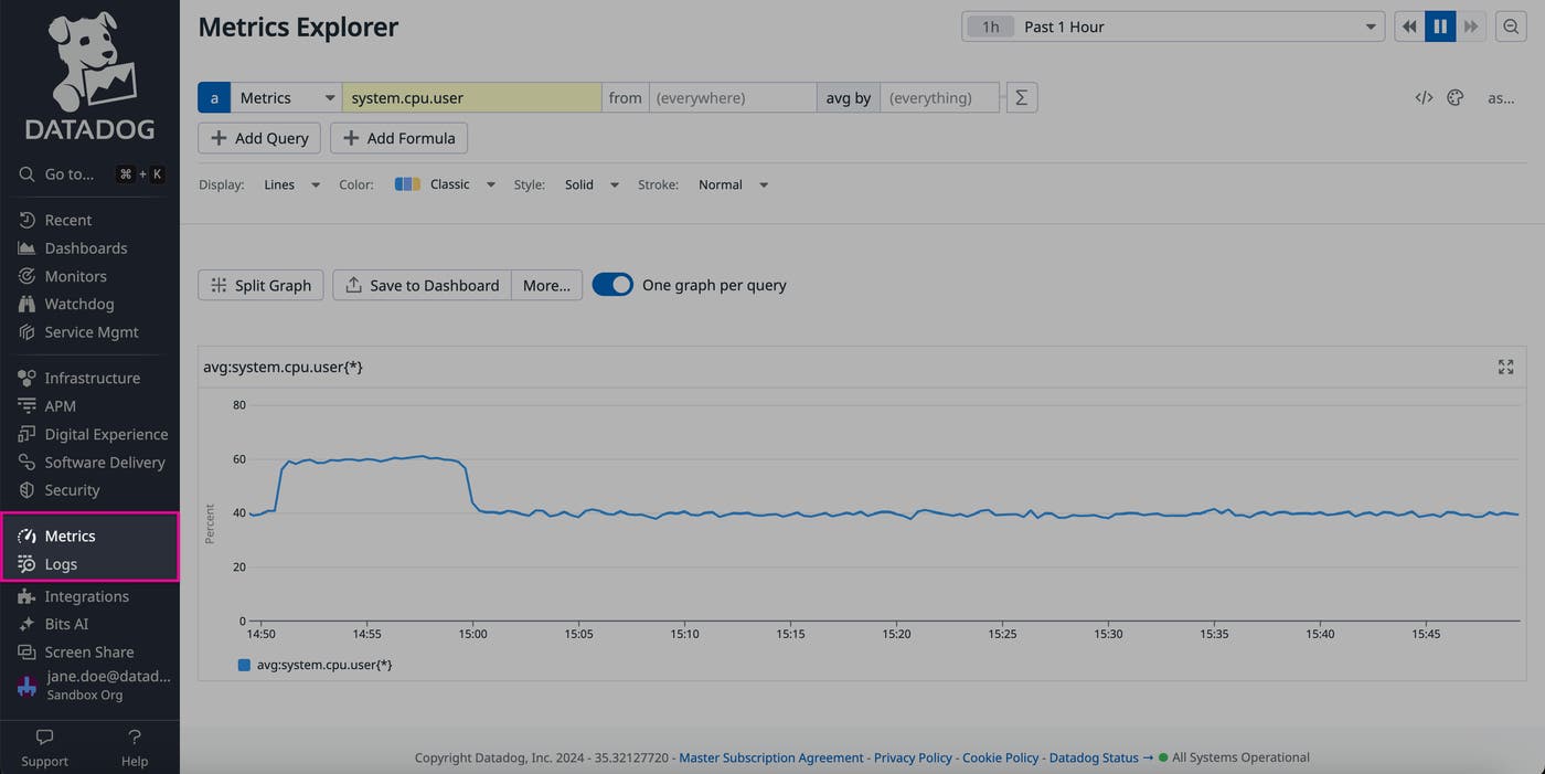 The Datadog sidebar, with the metrics and logs links highlighted. The Datadog sidebar, with the metrics and logs links highlighted.