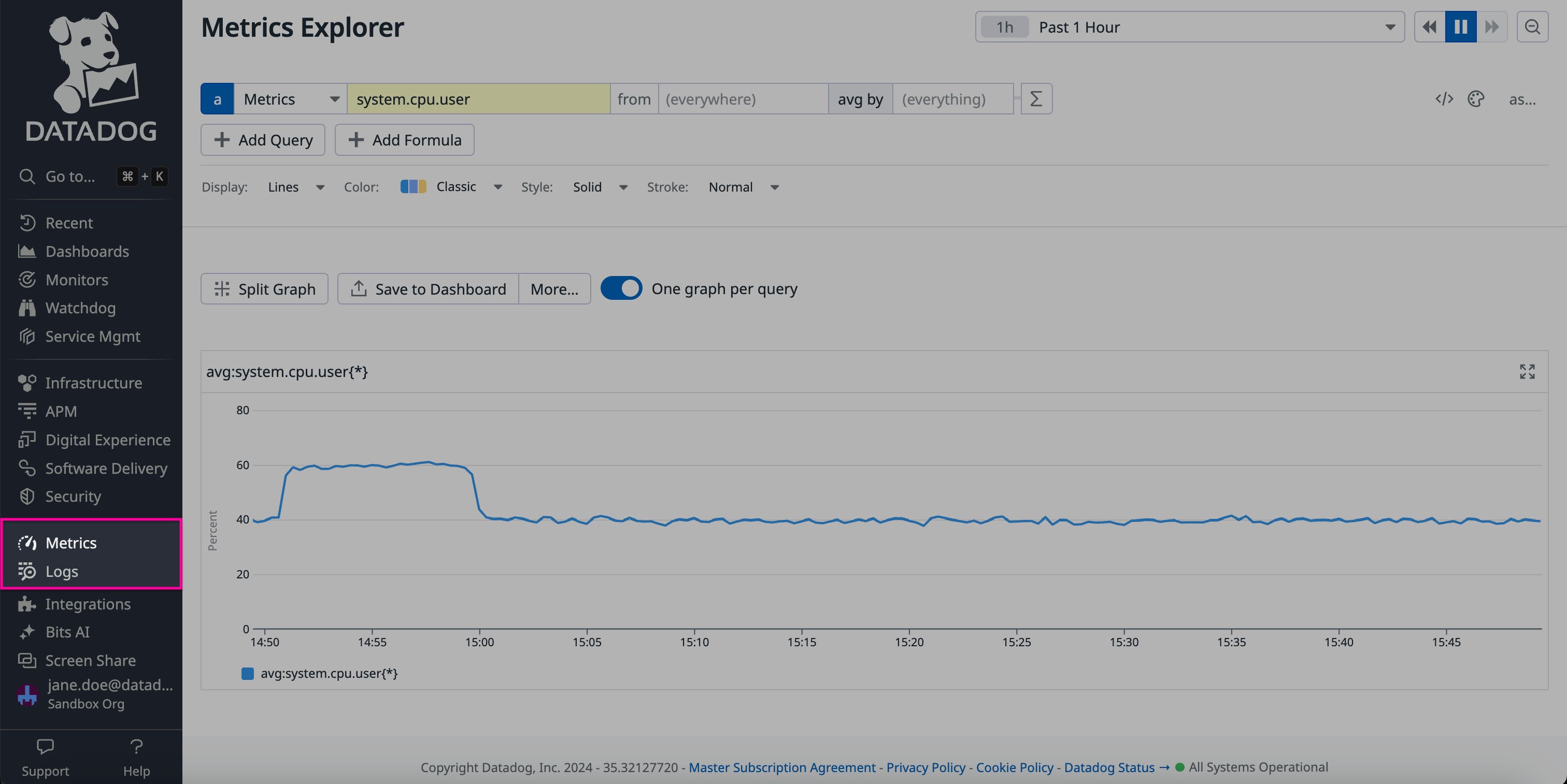 The Datadog sidebar, with the metrics and logs links highlighted. The Datadog sidebar, with the metrics and logs links highlighted.