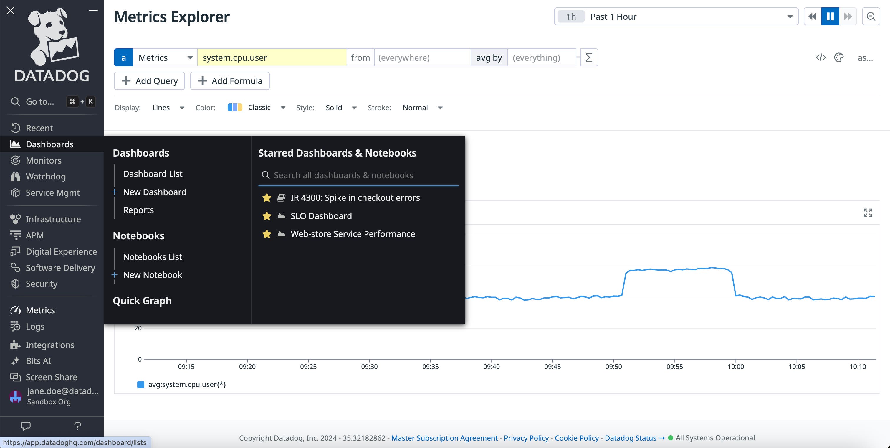 The Datadog sidebar, with the dashboard menu expanded to show favorites. The Datadog sidebar, with the dashboard menu expanded to show favorites.