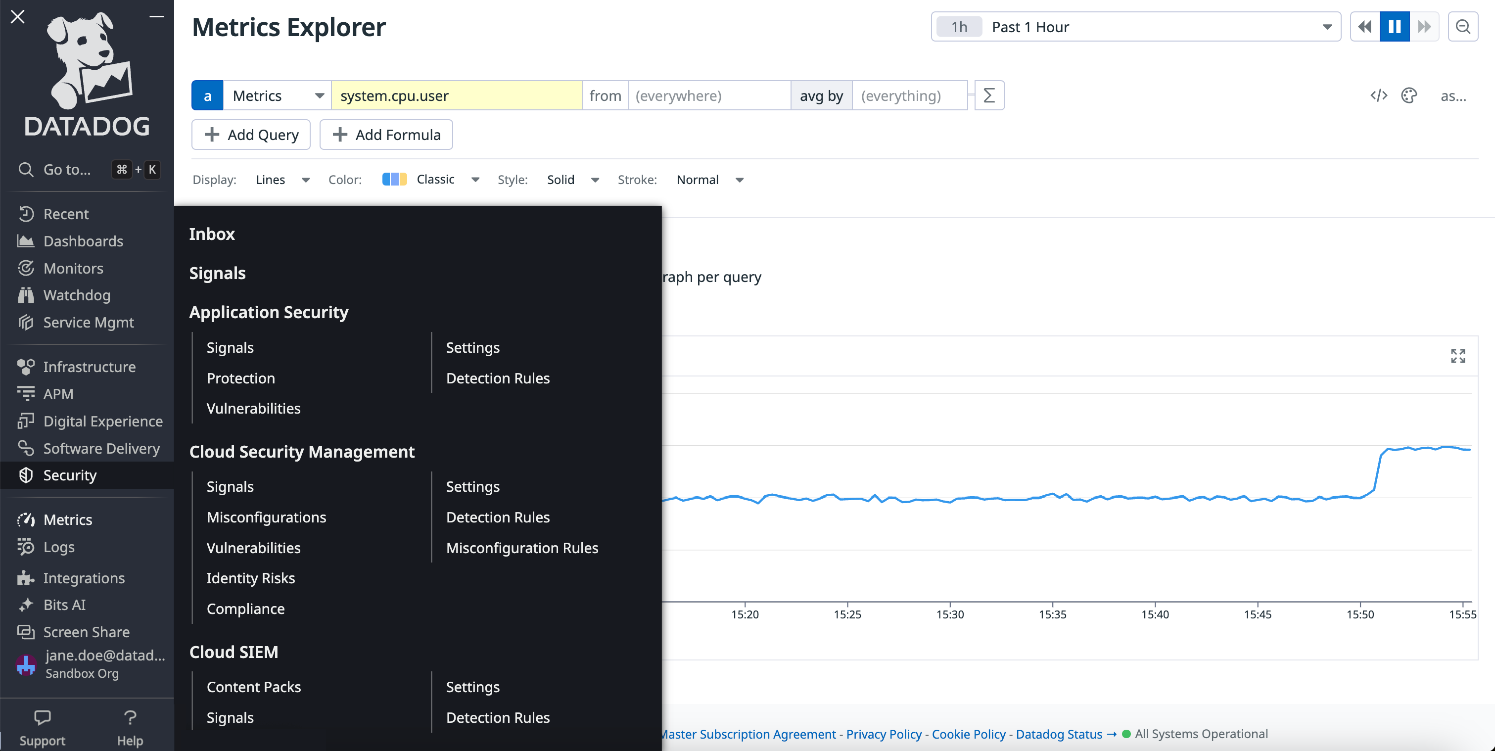 The Datadog sidebar, with the Security menu expanded.