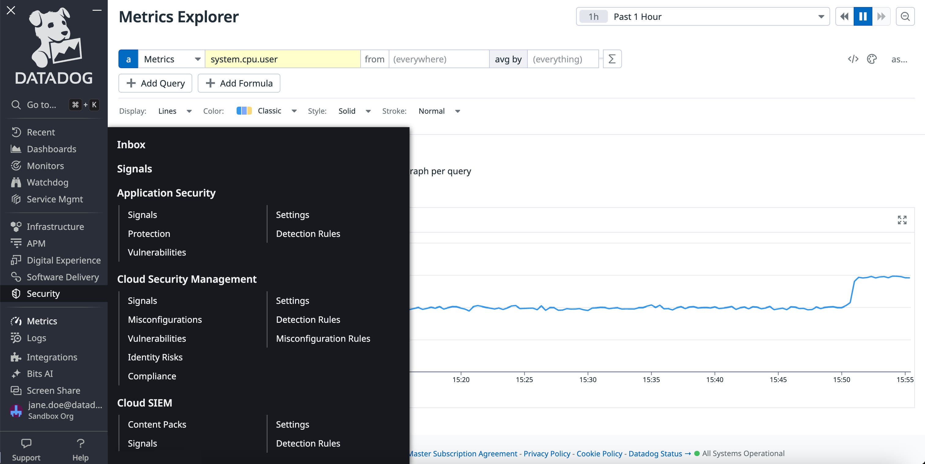 The Datadog sidebar, with the Security menu expanded. The Datadog sidebar, with the Security menu expanded.