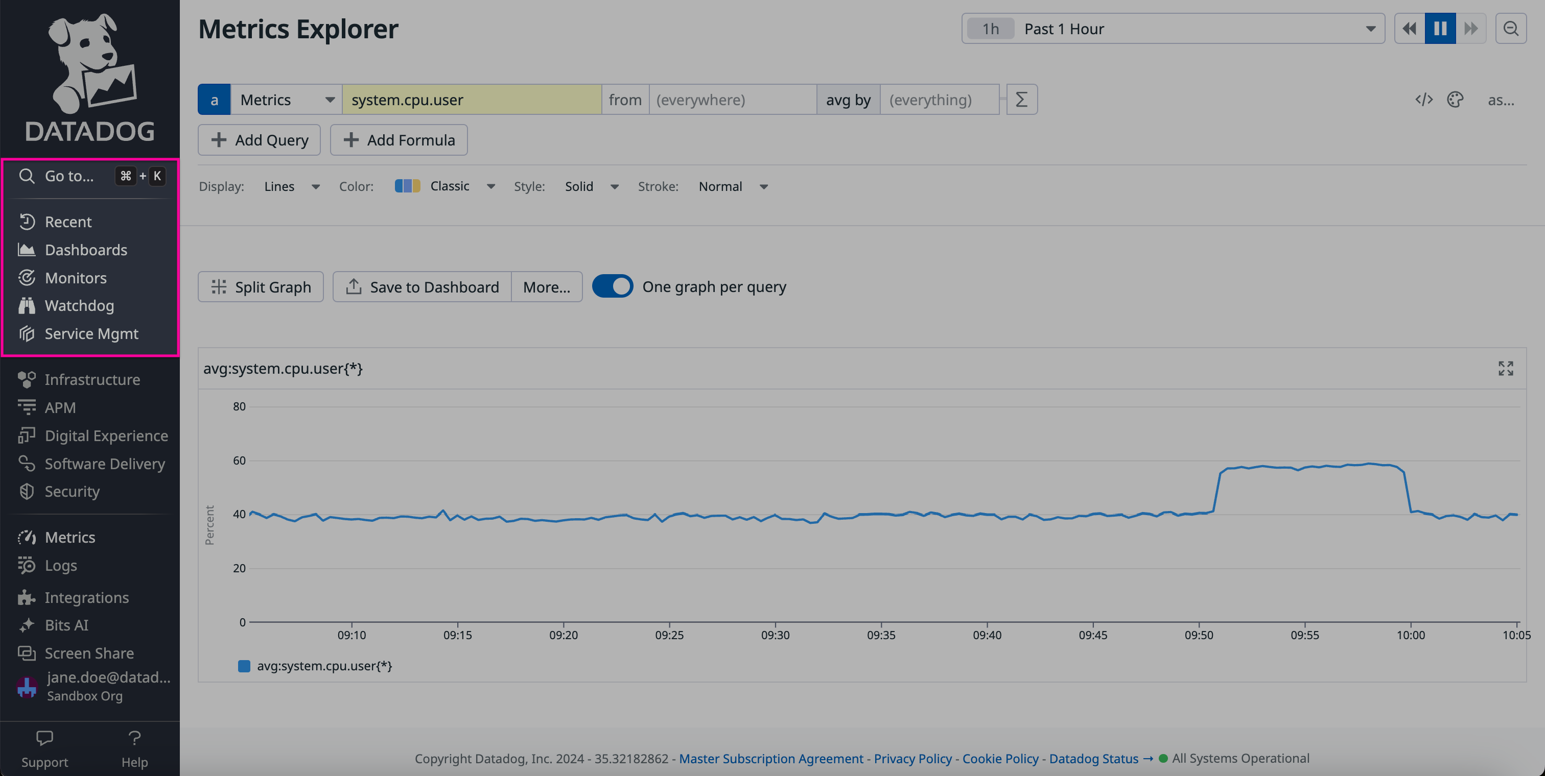 The Datadog sidebar, with the search bar, recently accessed pages, and popular features highlighted.