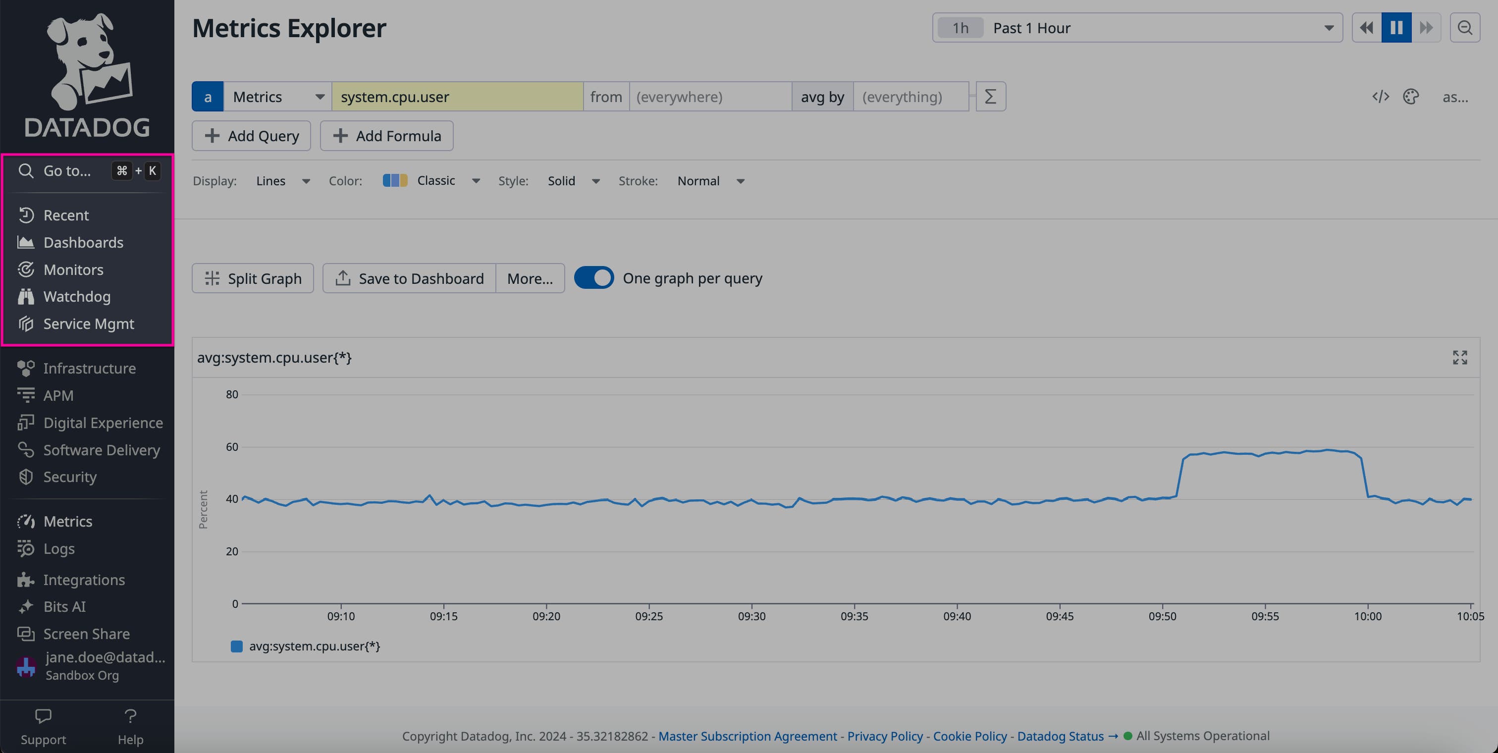 The Datadog sidebar, with the search bar, recently accessed pages, and popular features highlighted. The Datadog sidebar, with the search bar, recently accessed pages, and popular features highlighted.