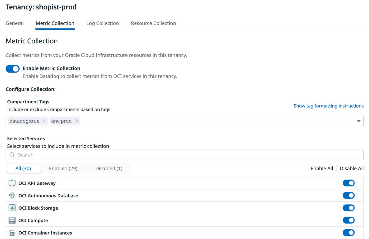 Configure monitored regions, services, and compartments from the metrics tab. Configure monitored regions, services, and compartments from the metrics tab.