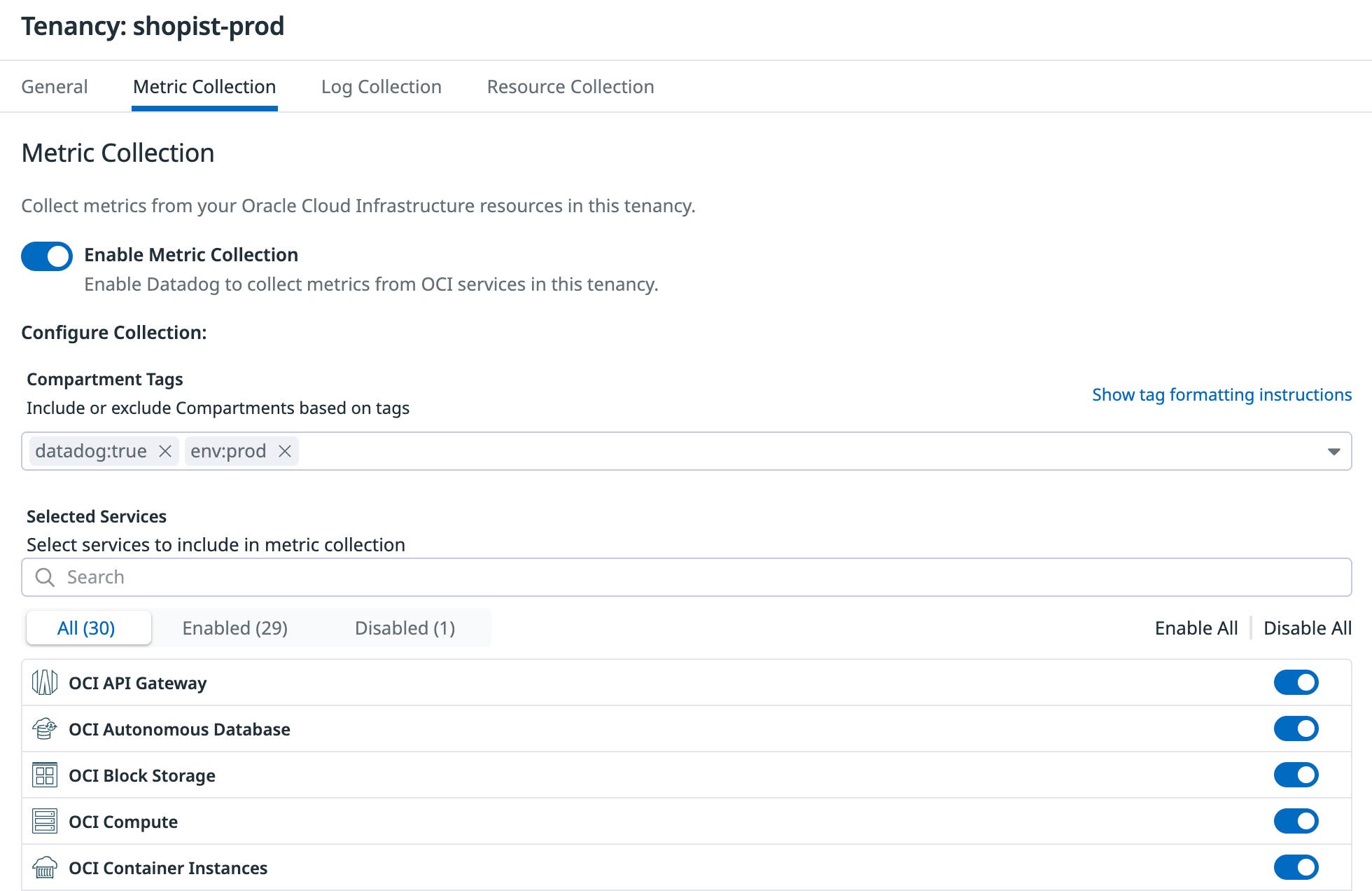Configure monitored regions, services, and compartments from the metrics tab. Configure monitored regions, services, and compartments from the metrics tab.