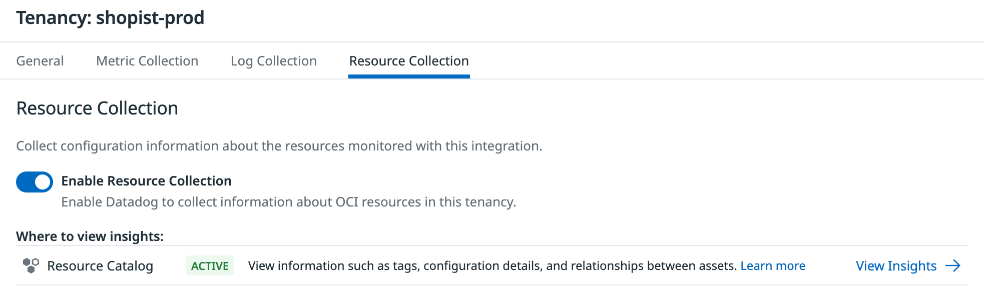 Toggle resource collection in the integration tile.