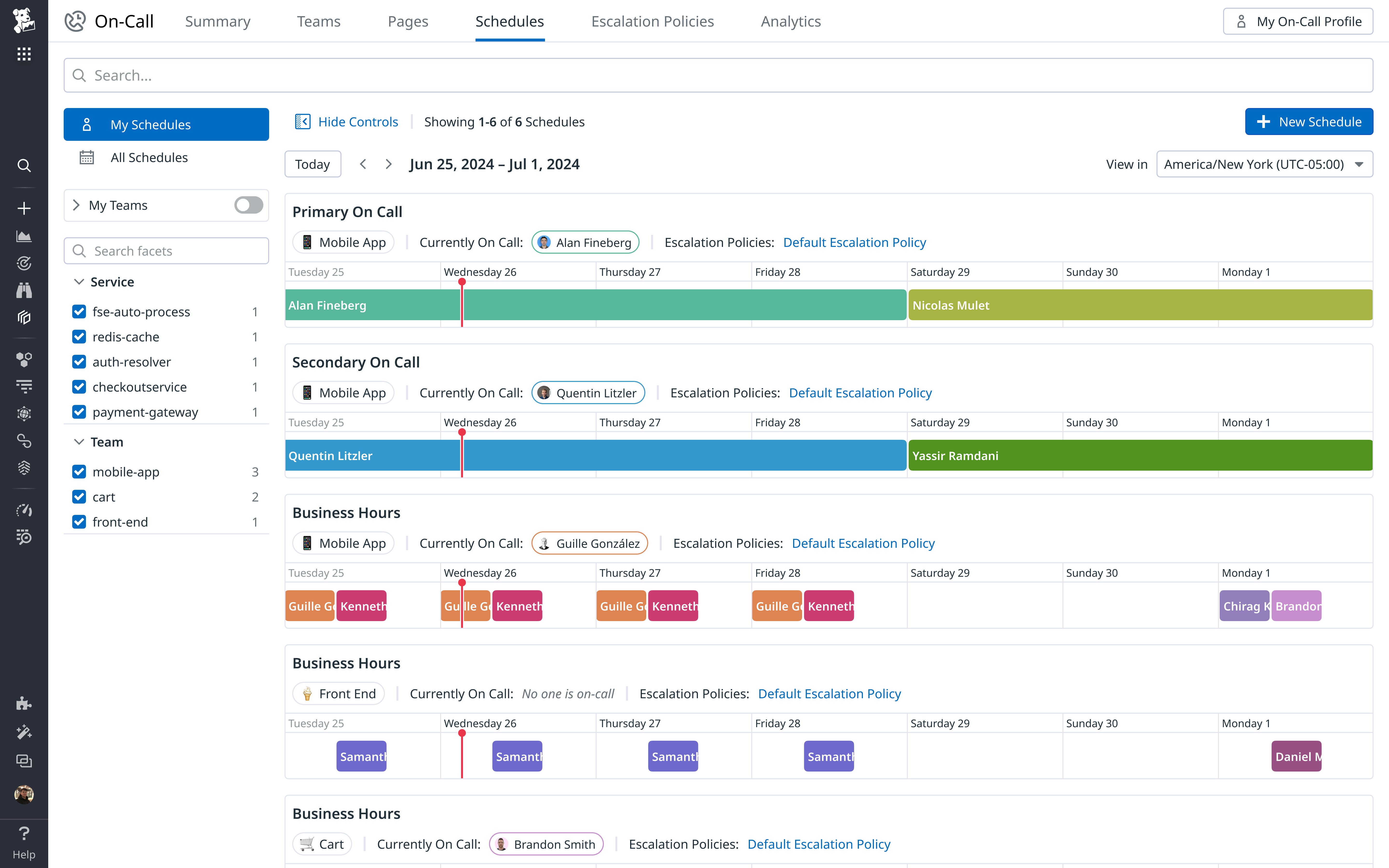 チーム内のすべてのオンコールエンジニアのスケジュールをリスト化。 チーム内のすべてのオンコールエンジニアのスケジュールをリスト化。