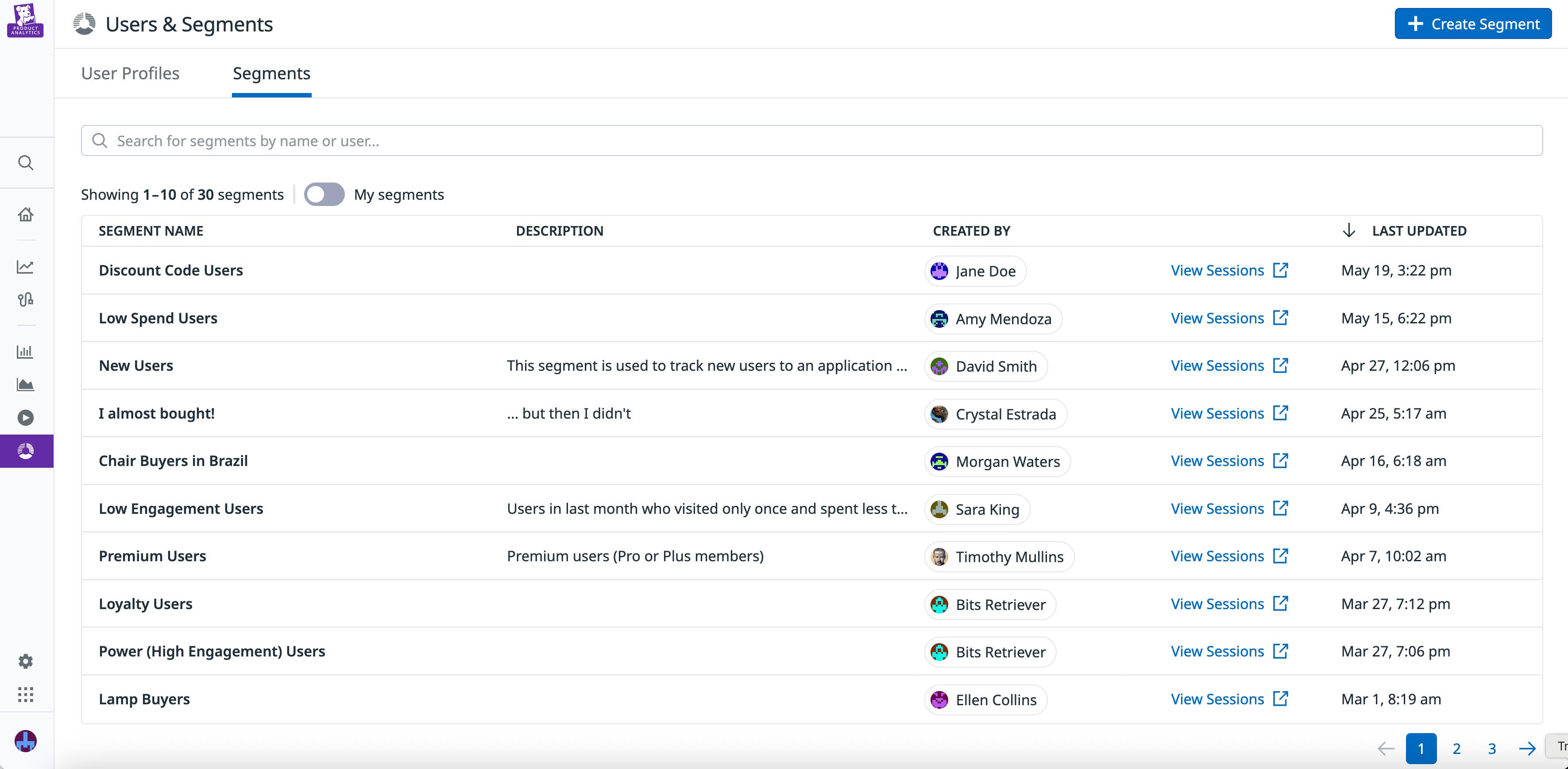 A list of user segments for an app. A list of user segments for an app.